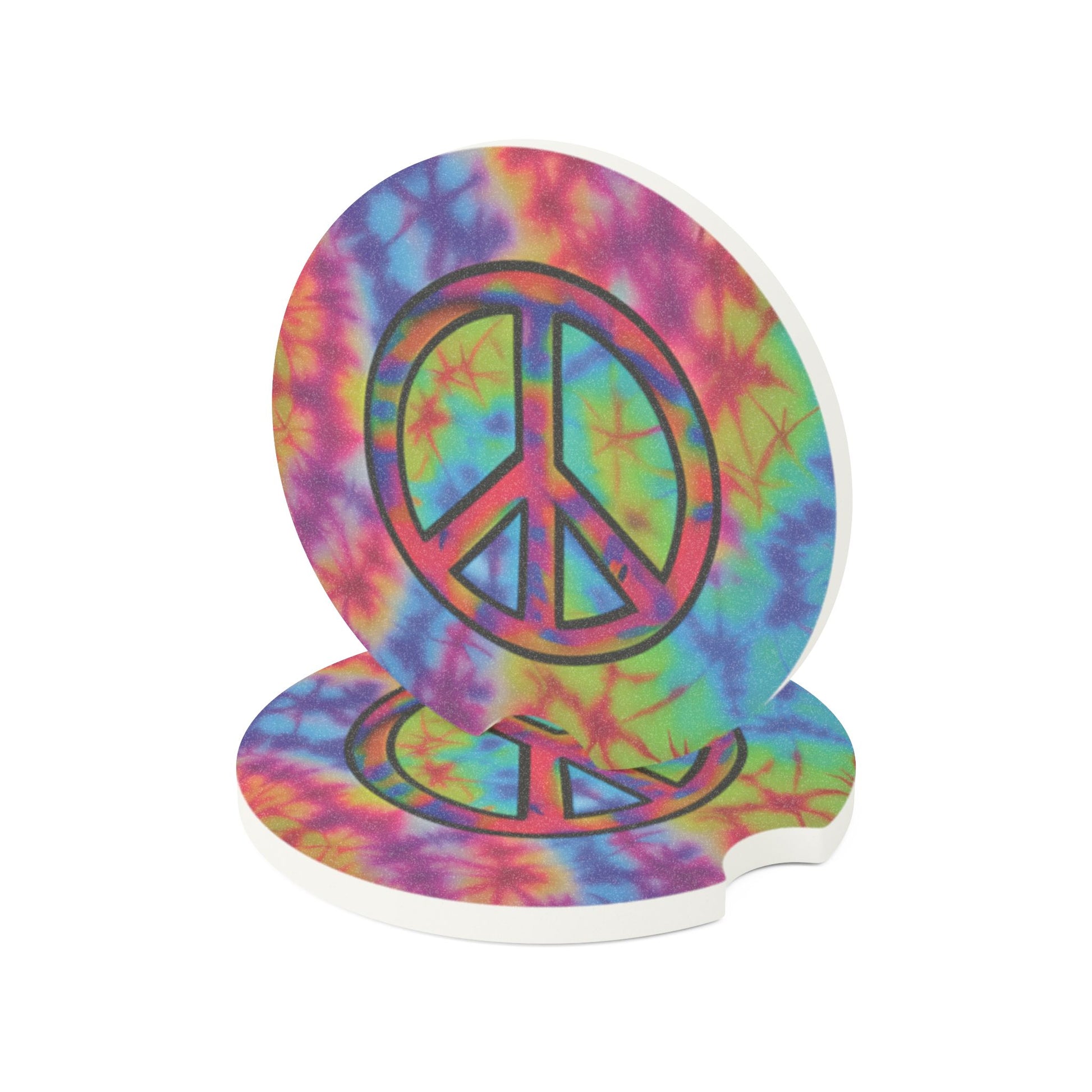 Tie-Dye Peace Sign Soapstone Car Coaster – Round Cupholder Drink Protector