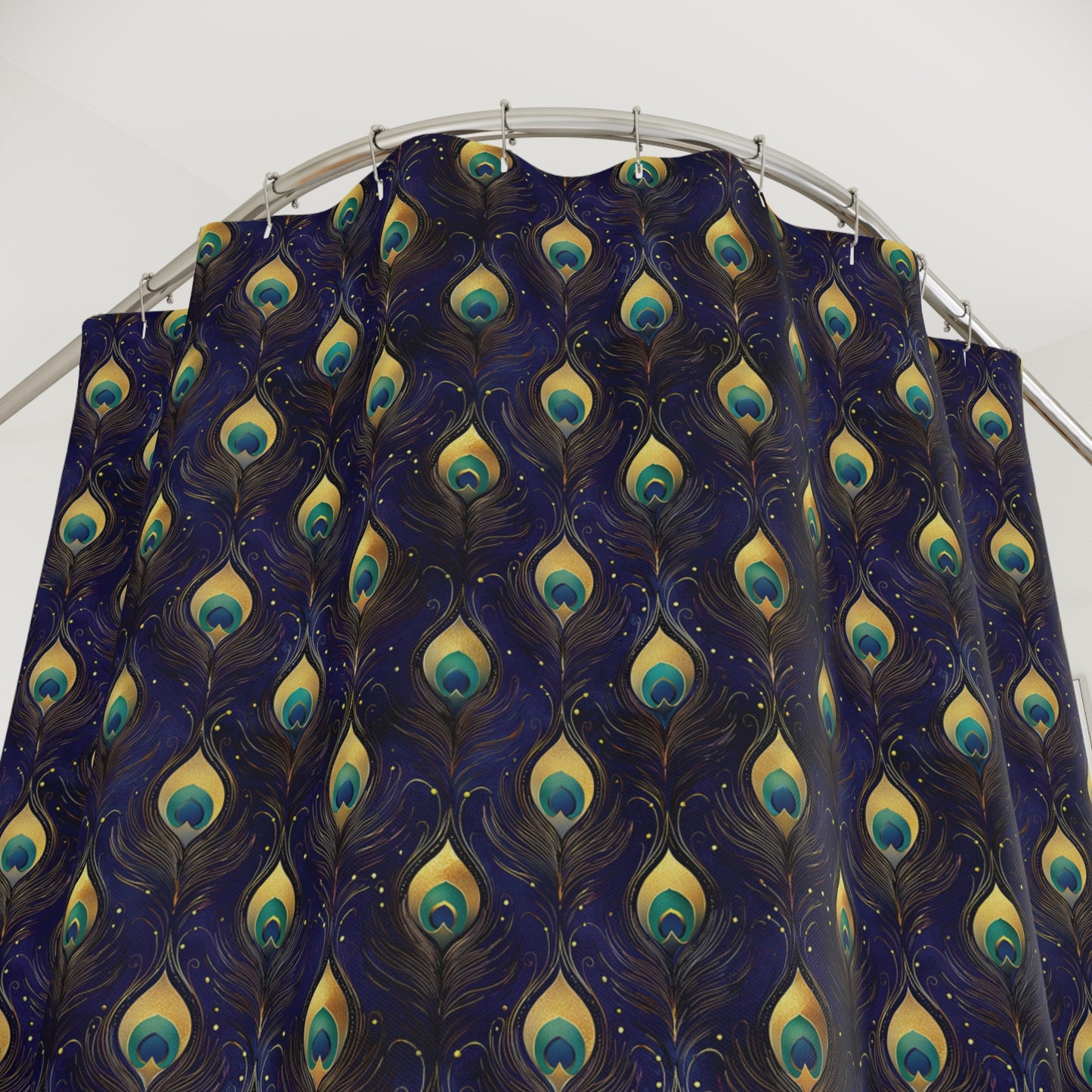 Peacock Feather Pattern Shower Curtain — Elegant Navy Bath Decor