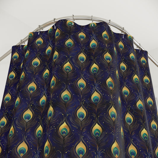 Peacock Feather Pattern Shower Curtain — Elegant Navy Bath Decor