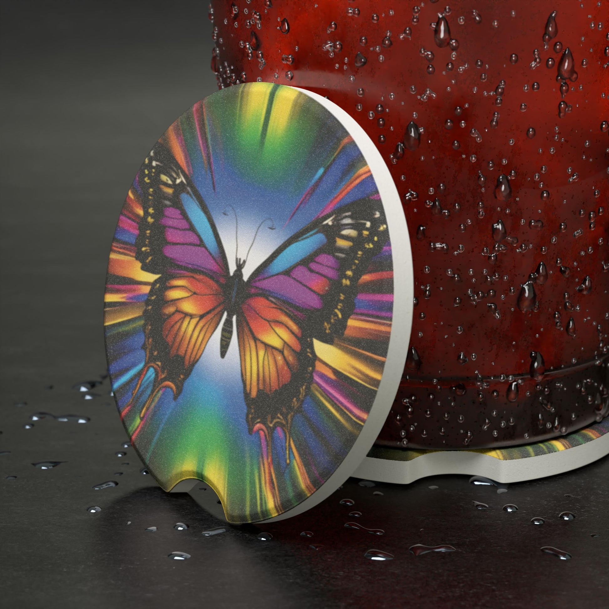 Butterfly Prism Soapstone Car Coaster — Colorful Mandala Auto Cup Holder Protector