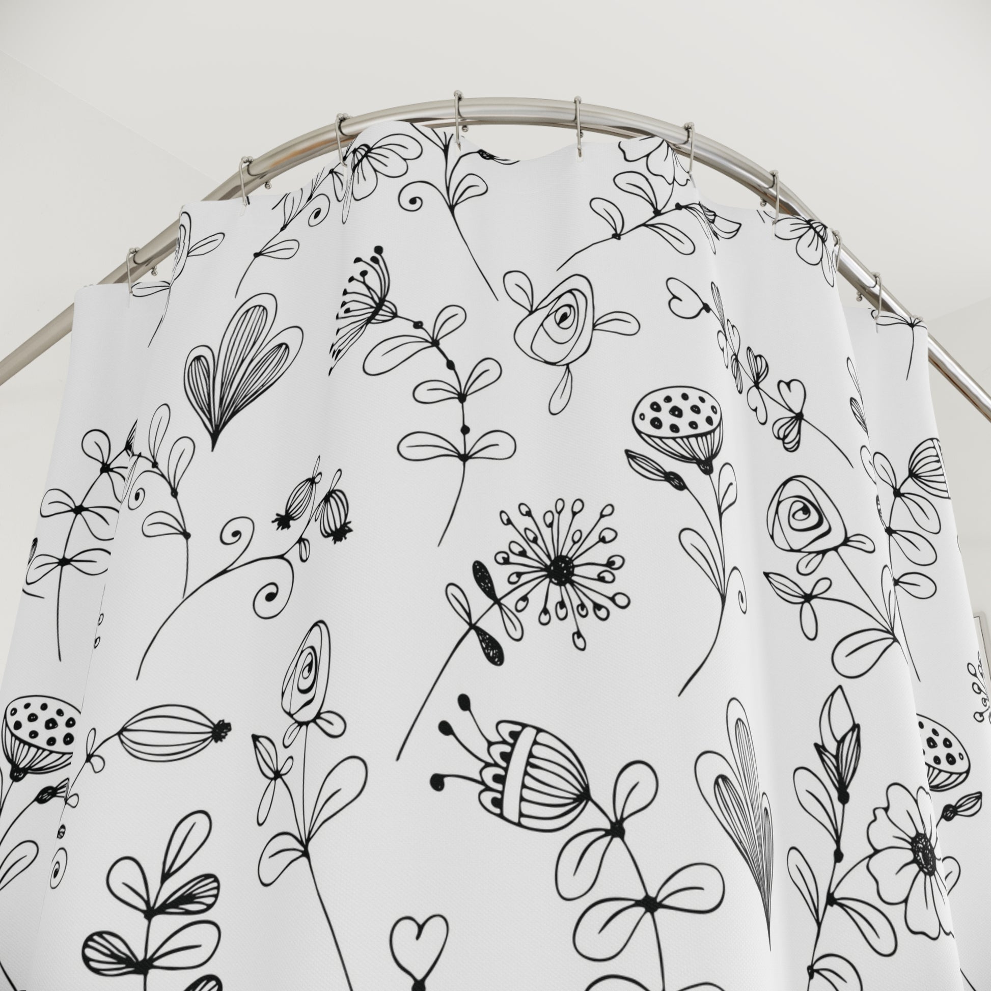 Black & White Doodle Floral Shower Curtain — Doodle Flowers Boho Bathroom Décor
