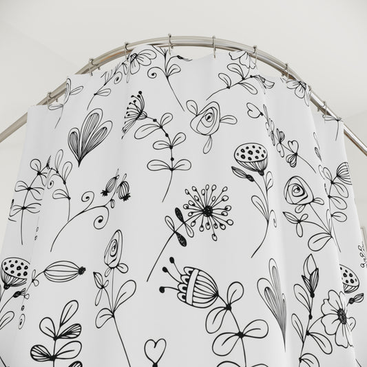 Black & White Doodle Floral Shower Curtain — Doodle Flowers Boho Bathroom Décor