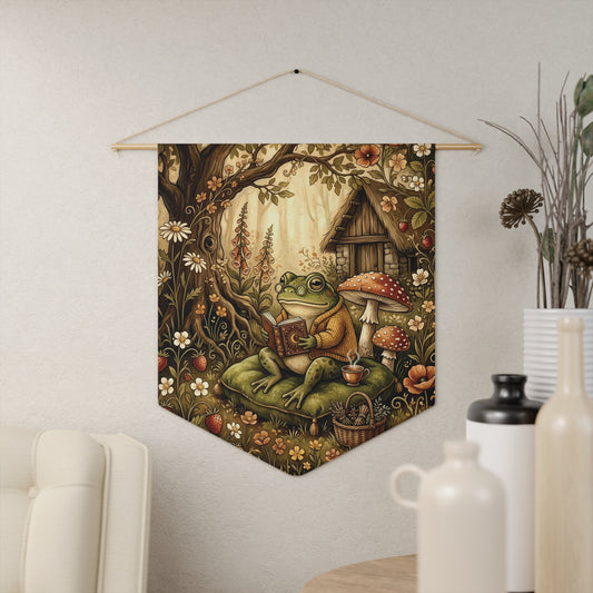 Frog Reading Pennant Wall Banner — Cozy Woodland Cottage Decor