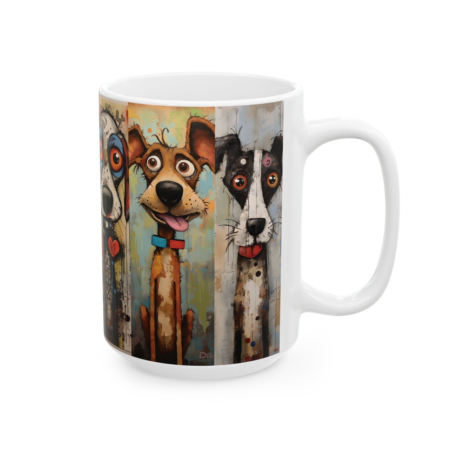 Colorful Whimsical Dogs Ceramic Mug — Cute Artistic Dog Portrait Coffee Cup (15oz)