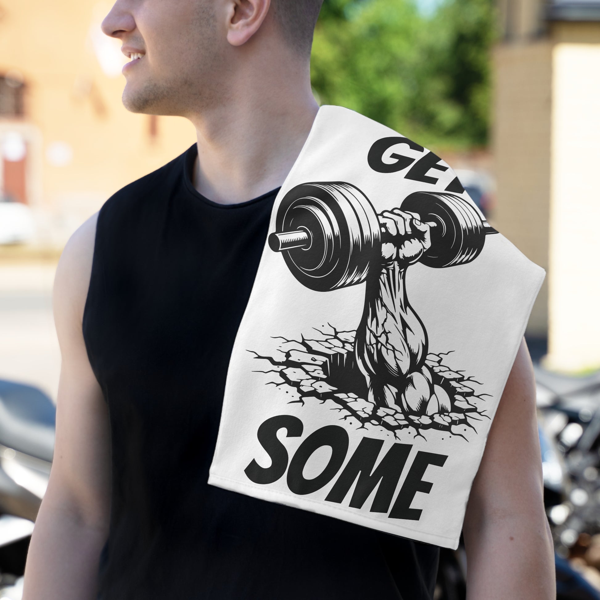 Get Some Gym Towel — Gym Workout Hand Towel with Dumbbell Arm Design (11×18)