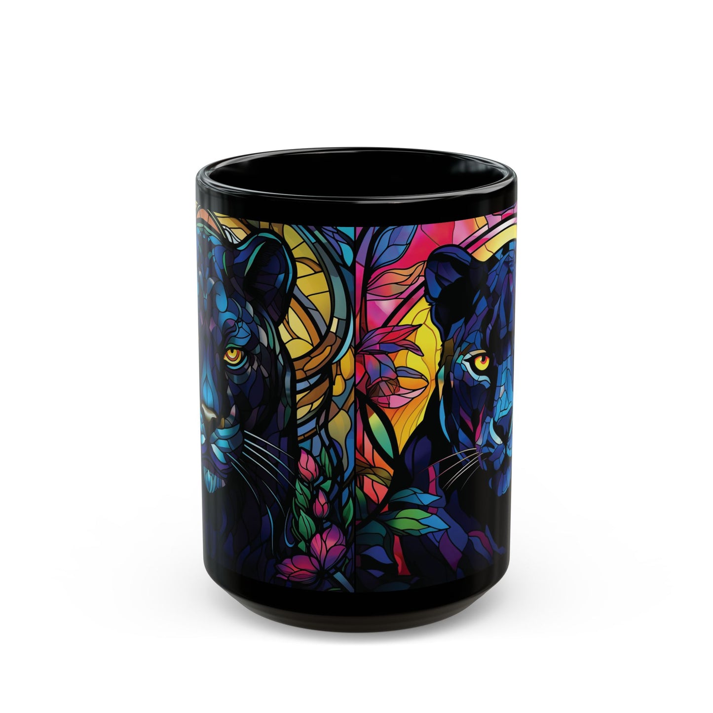 Black Panther Stained Glass Art Mug — Colorful Panther Coffee Cup (15oz)