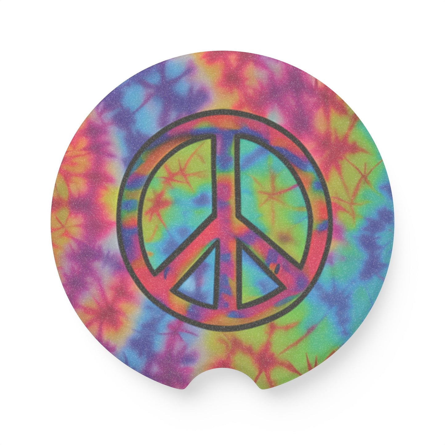 Tie-Dye Peace Sign Soapstone Car Coaster – Round Cupholder Drink Protector