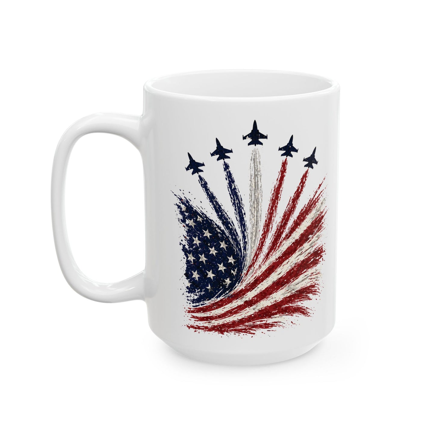 Patriotic Fighter jets Fireworks Mug – American Flag Explosion Coffee Cup (15oz)