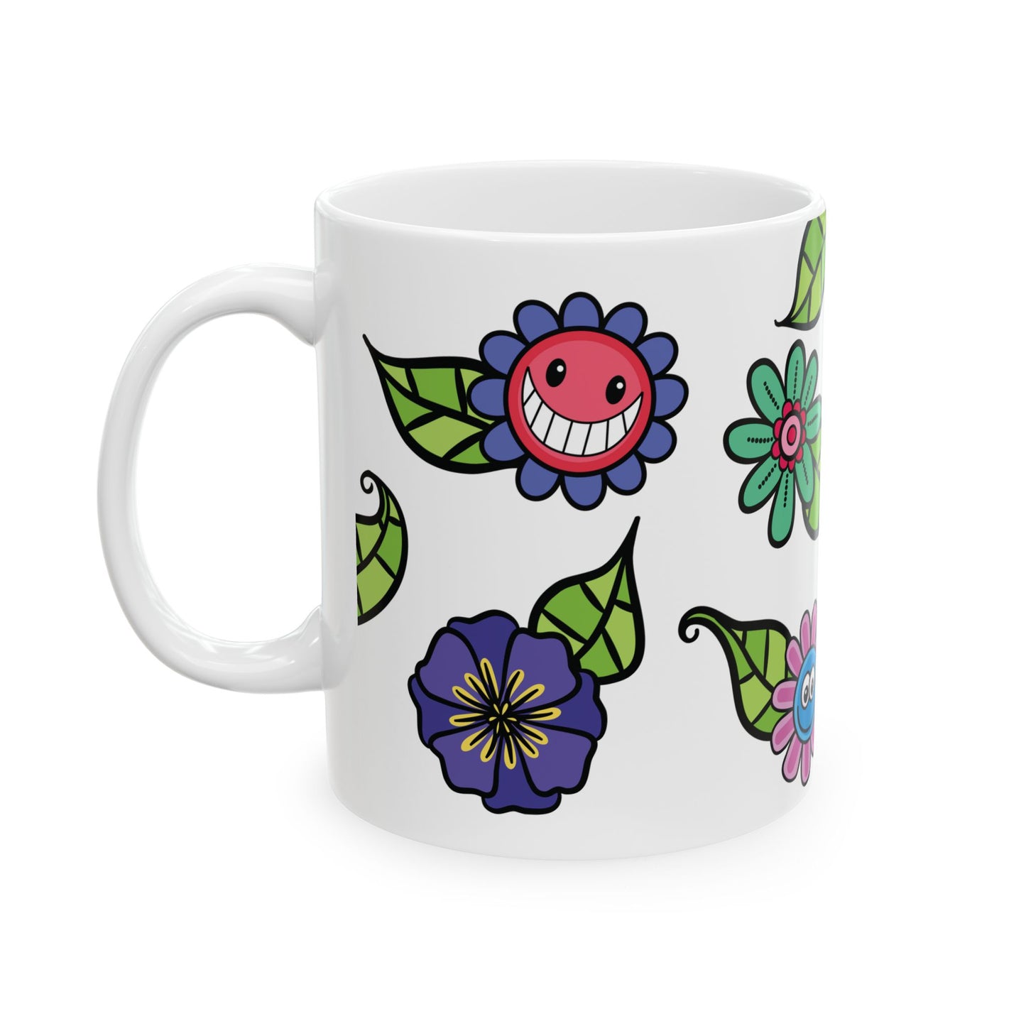 Happy Floral Ceramic Mug — Colorful Cartoon Flower Pattern (11oz )