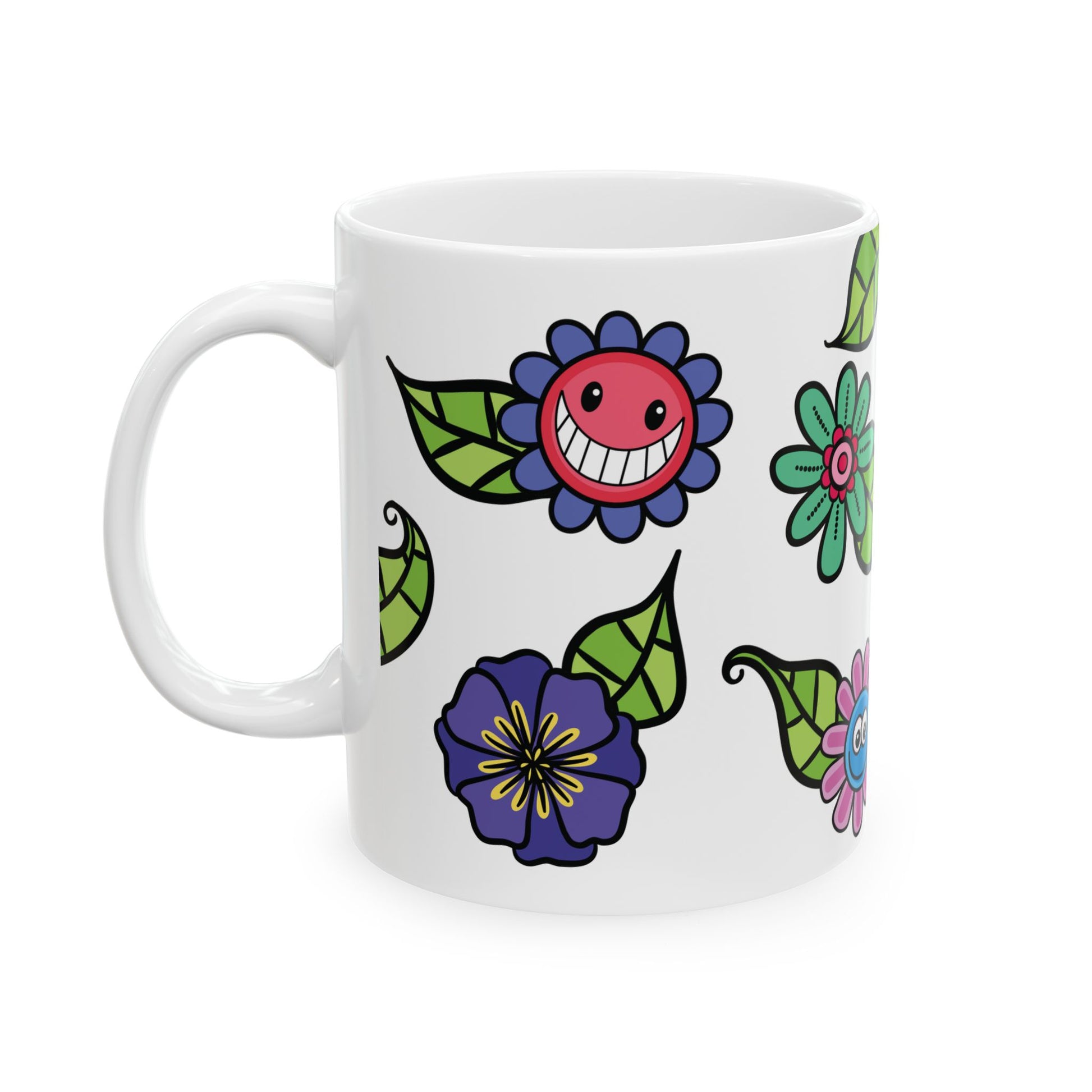 Happy Floral Ceramic Mug — Colorful Cartoon Flower Pattern (11oz )