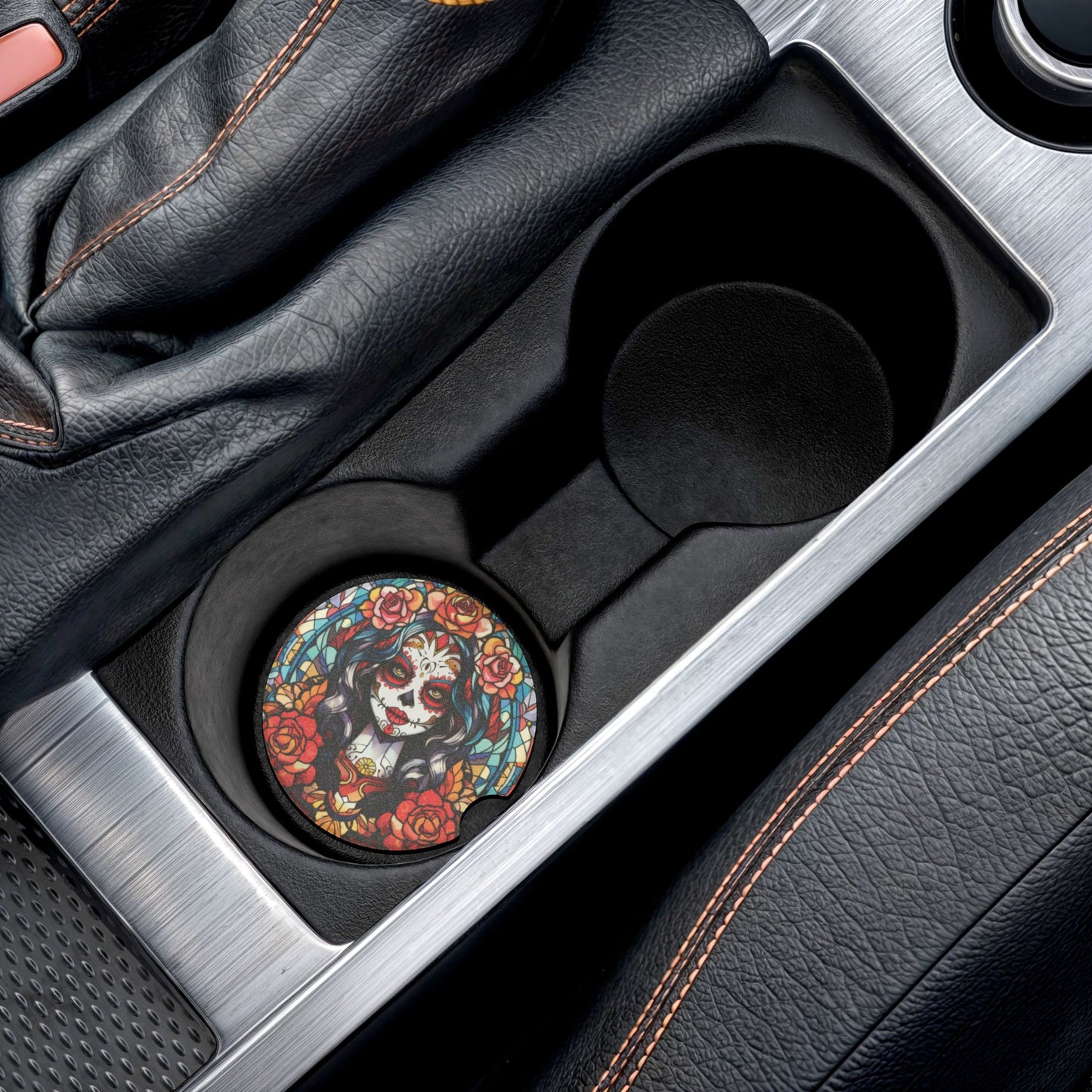 Dia de los Muertos Sugar Skull Car Coaster — Floral Stained-Glass Soapstone Drink Coaster