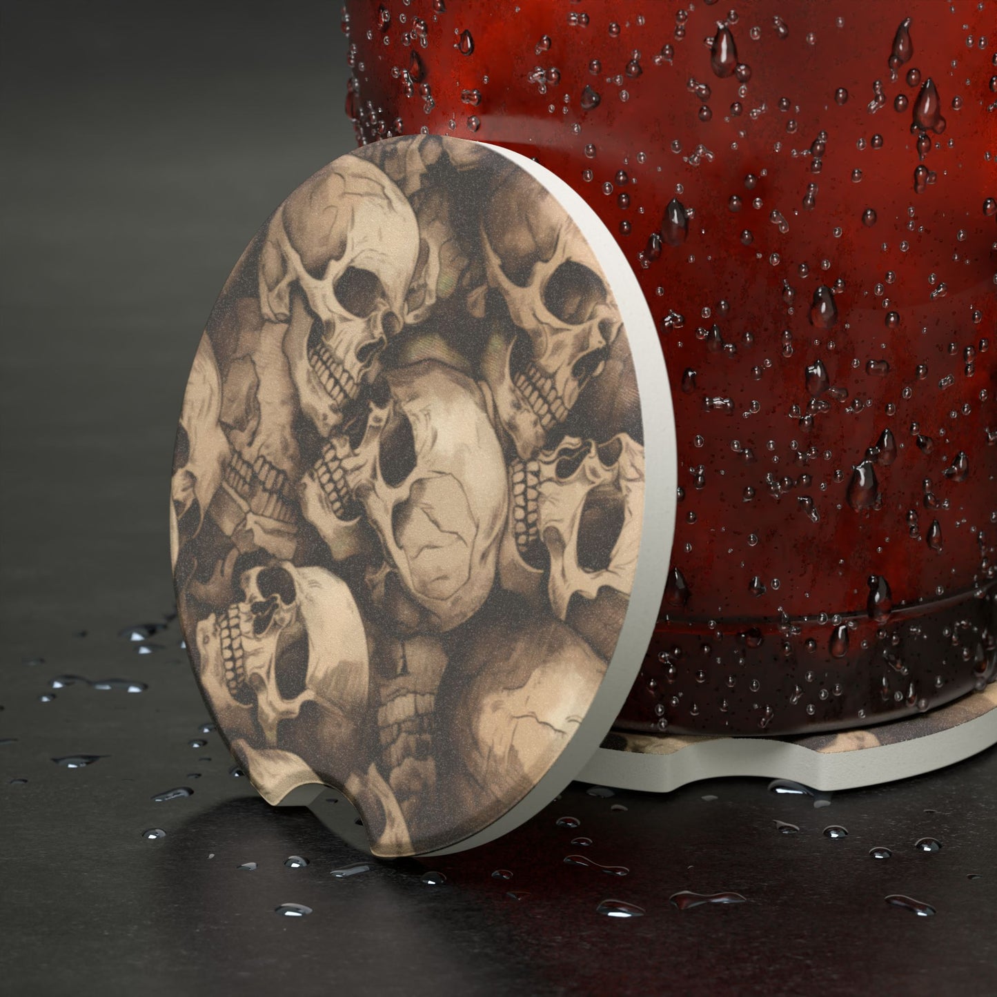 Skull Pattern Soapstone Car Coaster — Vintage Gothic Drink Holder