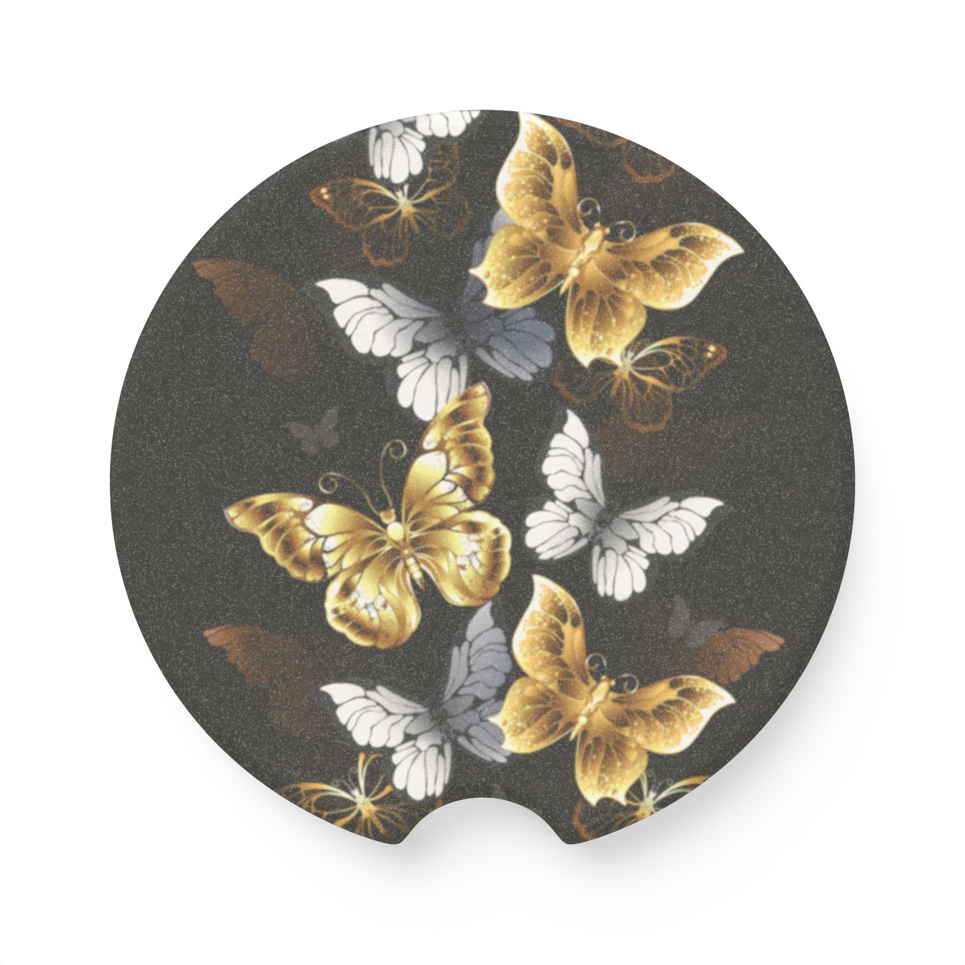 Butterfly Soapstone Car Drink Coaster — Gold & White Butterflies on Black