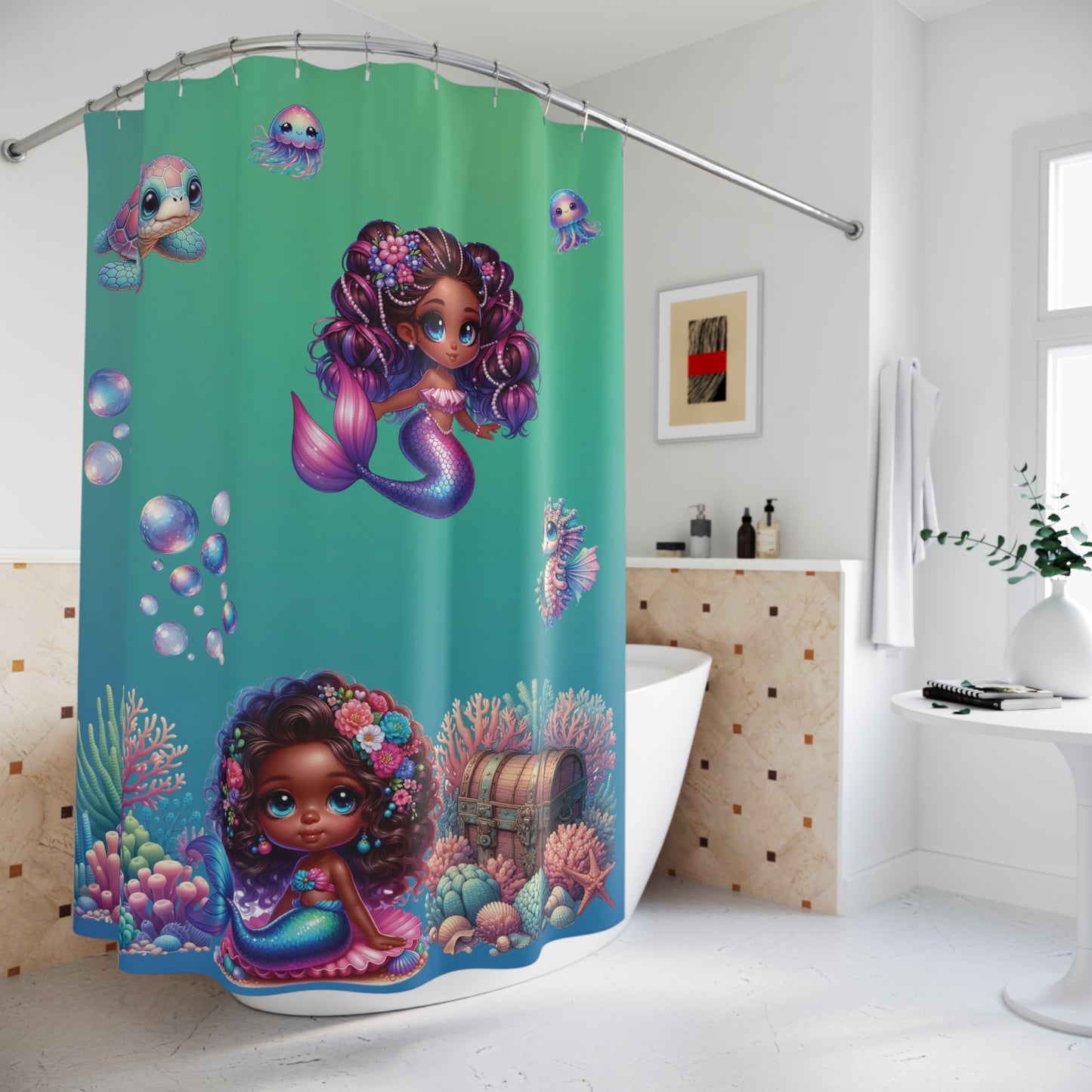Cute Mermaid Shower Curtain — Colorful Underwater Kids Bath Decor with Sea Creatures