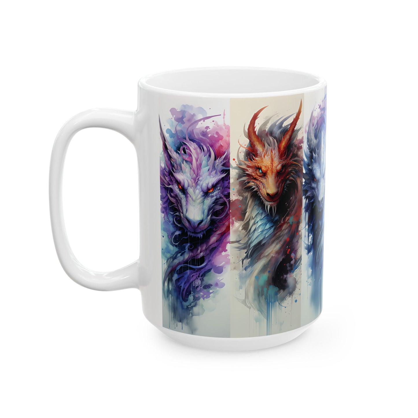 Watercolor Dragon Mug — Mystical Dragons Faces Ceramic Coffee Cup (15oz)
