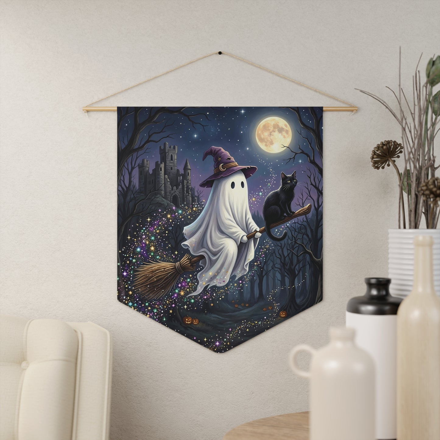 Halloween Ghost Witch Pennant Banner — Cute Flying Ghost with Black Cat, Full Moon Night Décor