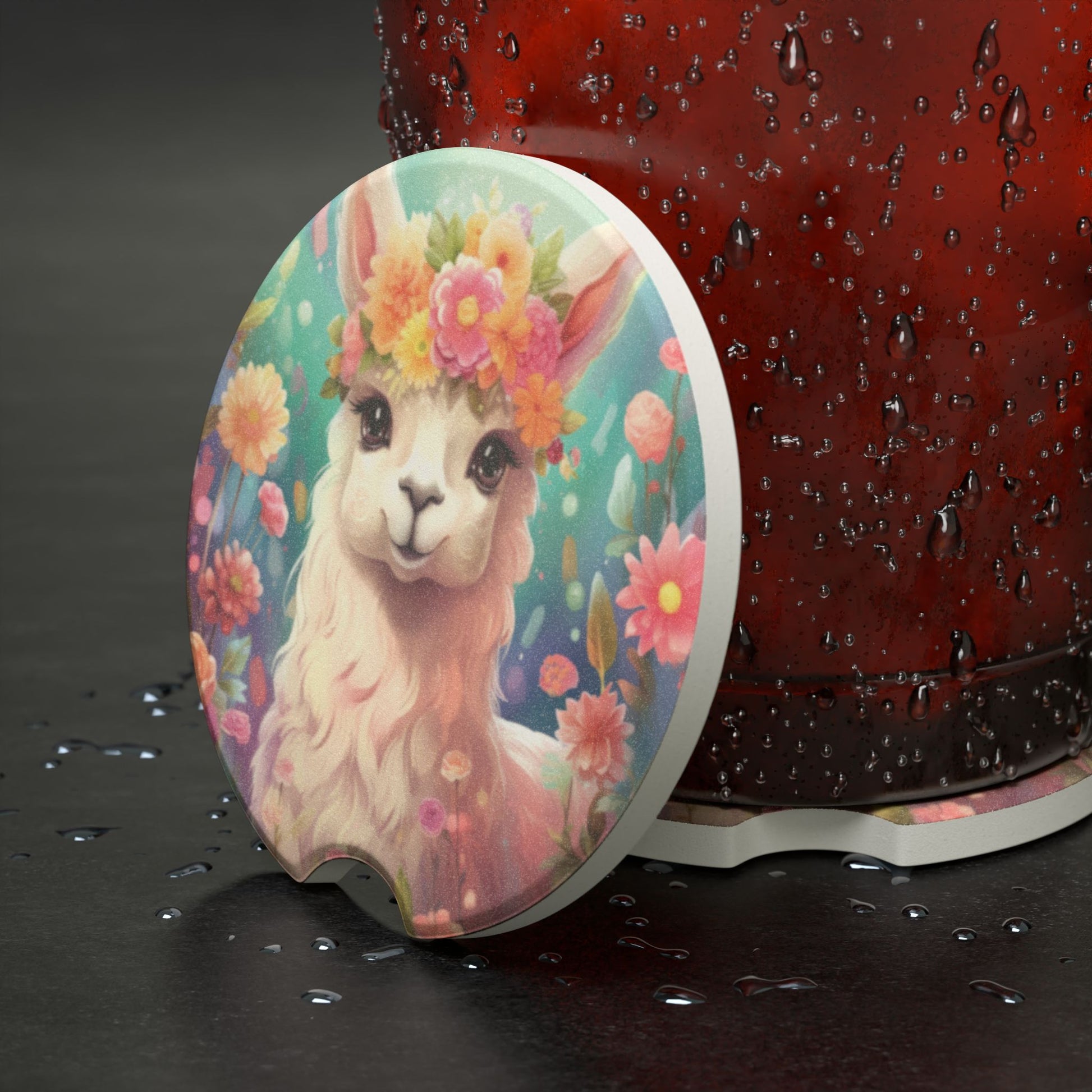 Cute Floral Llama Car Coaster — Soapstone Drink Coaster for Cupholders