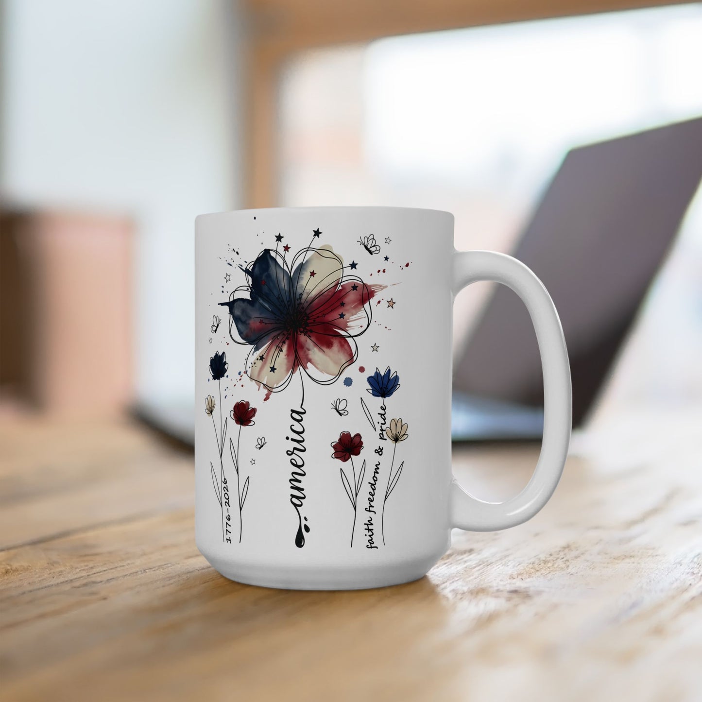 Floral Celebrate America Ceramic Mug (15oz) — Watercolor Wildflower America's 250 Year Anniversary Coffee Cup
