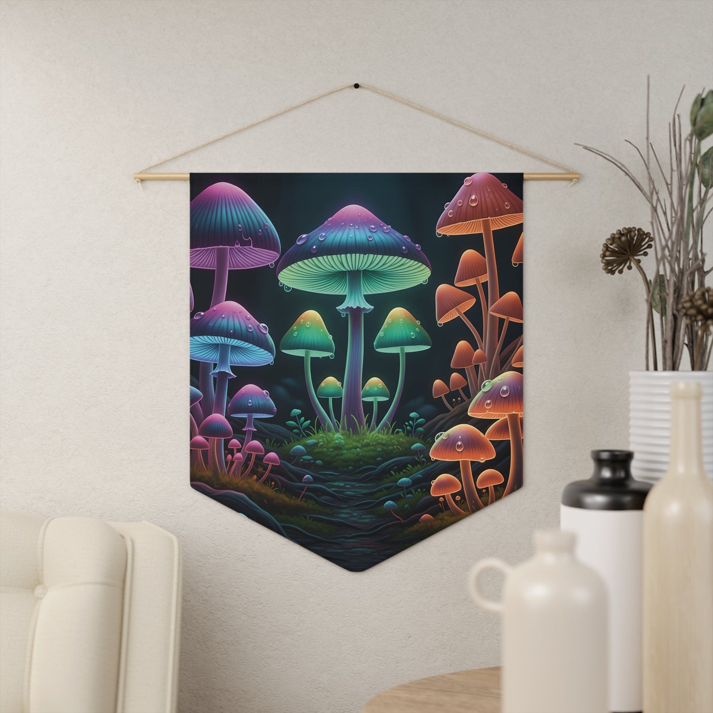 Psychedelic Mushroom Pennant Wall Banner — Neon Fungi Forest Decor
