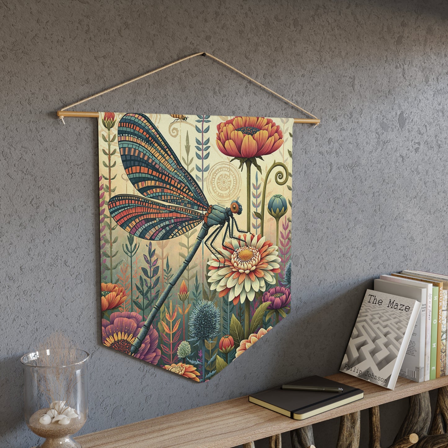 Dragonfly Floral Pennant Wall Banner — Boho Botanical Home Decor