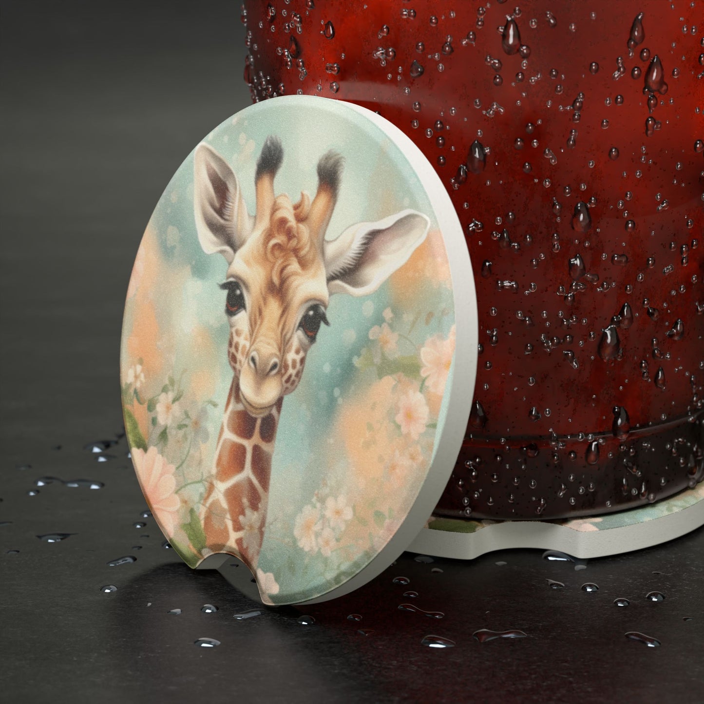 Giraffe Floral Soapstone Car Coaster — Cute Baby Giraffe Car Cup Holder Coaster