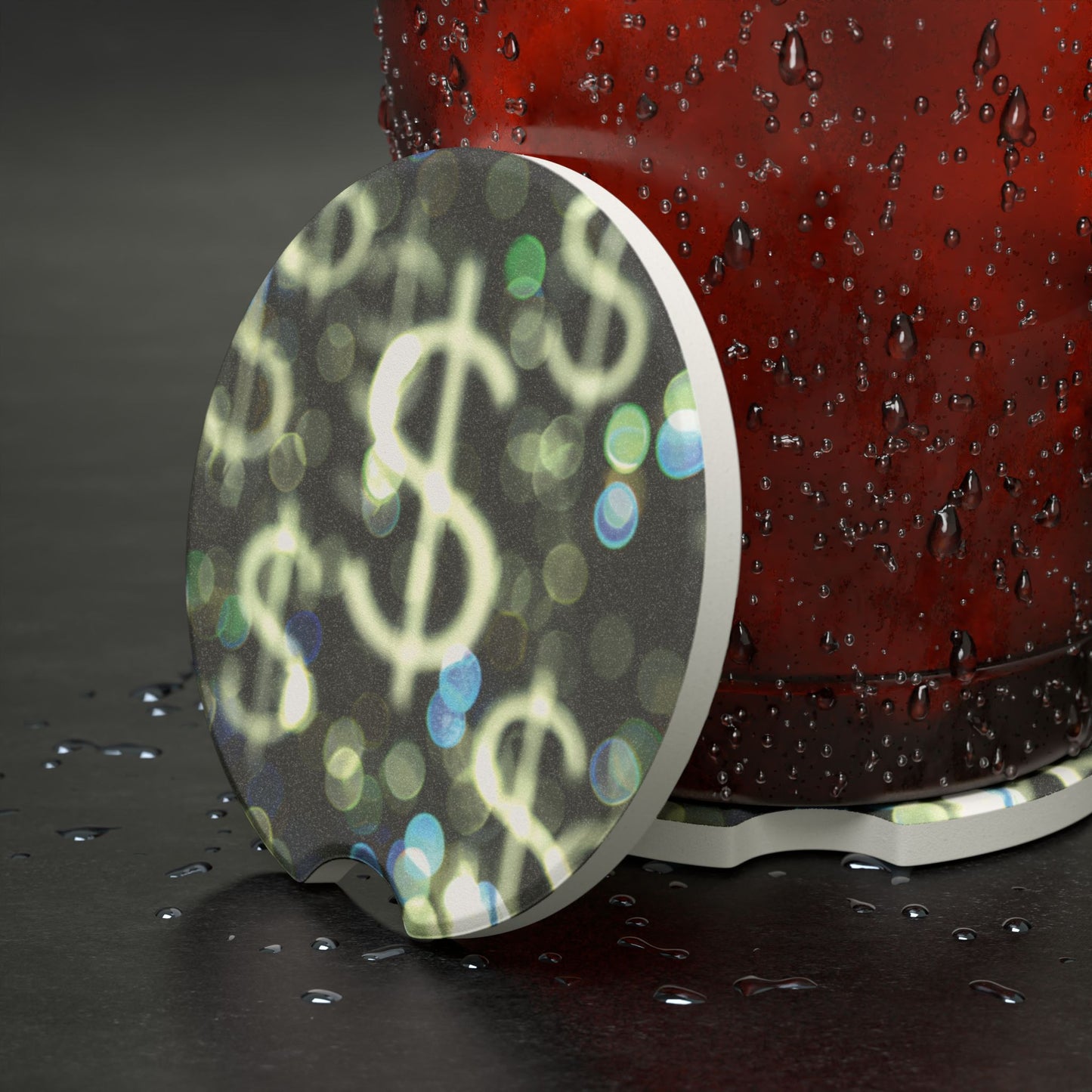 Bokeh Dollar Sign Car Coaster — Sparkling Dollar Sign Soapstone Drink Holder Protector