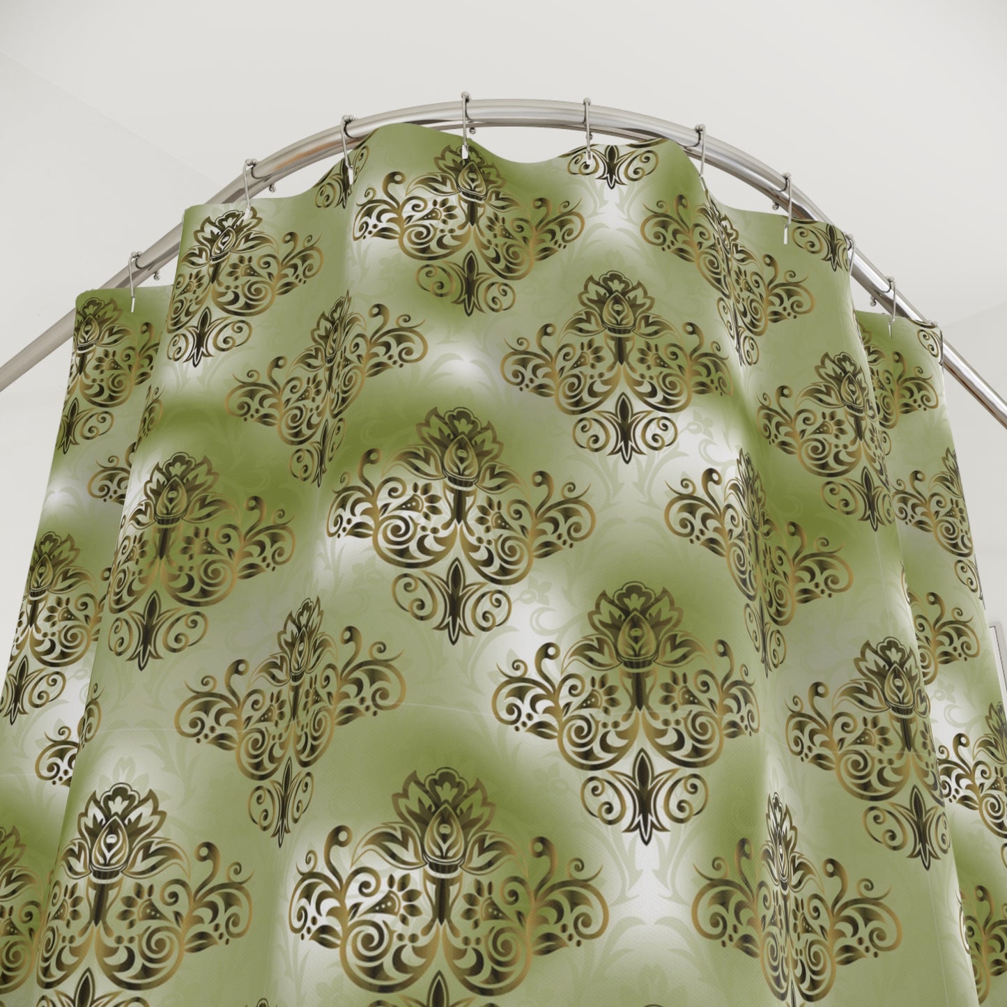 Damask Print Shower Curtain Green and Gold