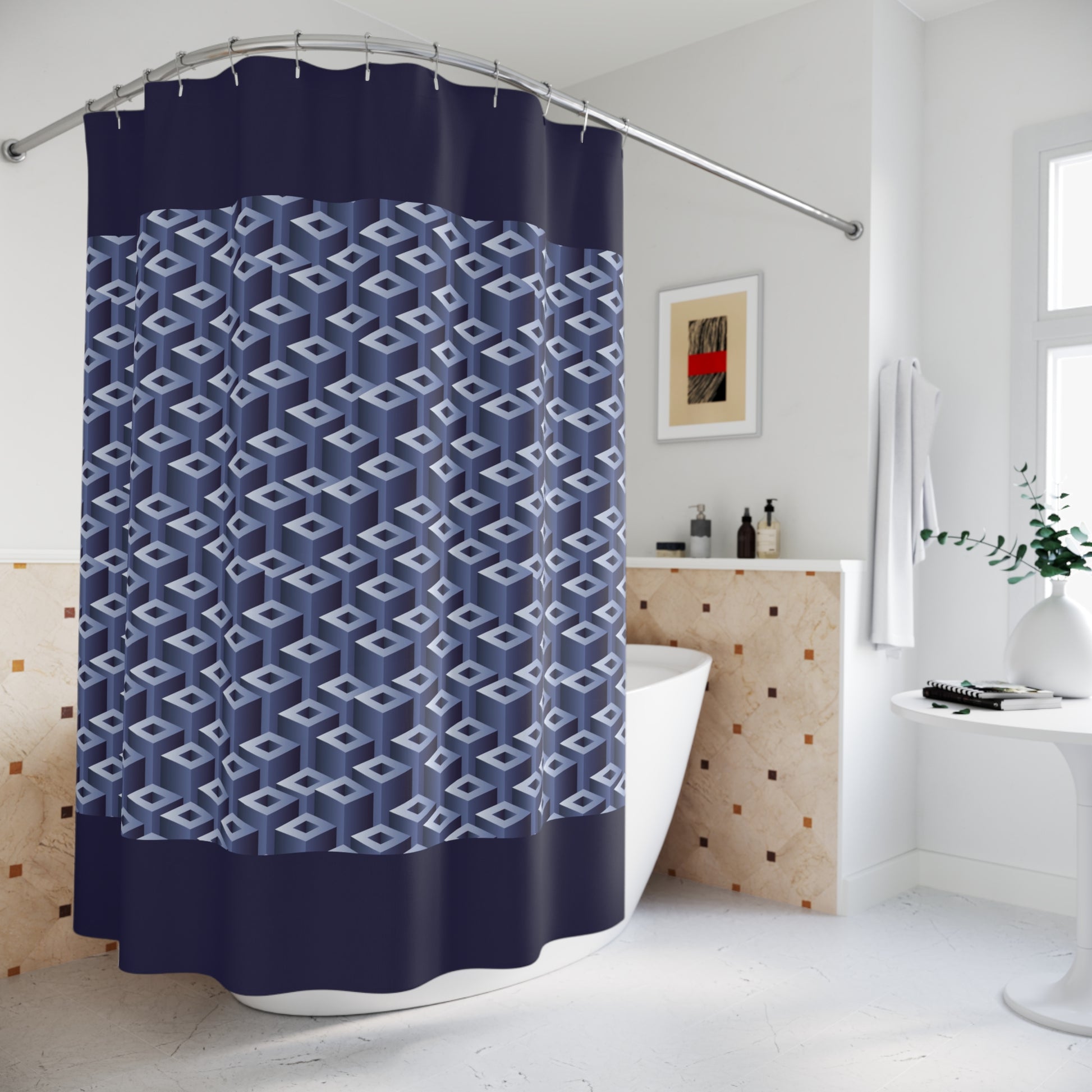 Blue Geometric 3D Look Shower Curtain