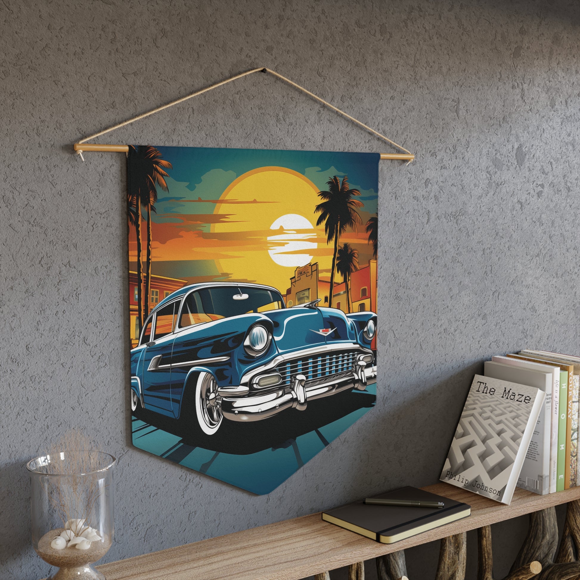 Vintage Sunset Classic Car Pennant — Retro Palm Tree Roadtrip Wall Banner