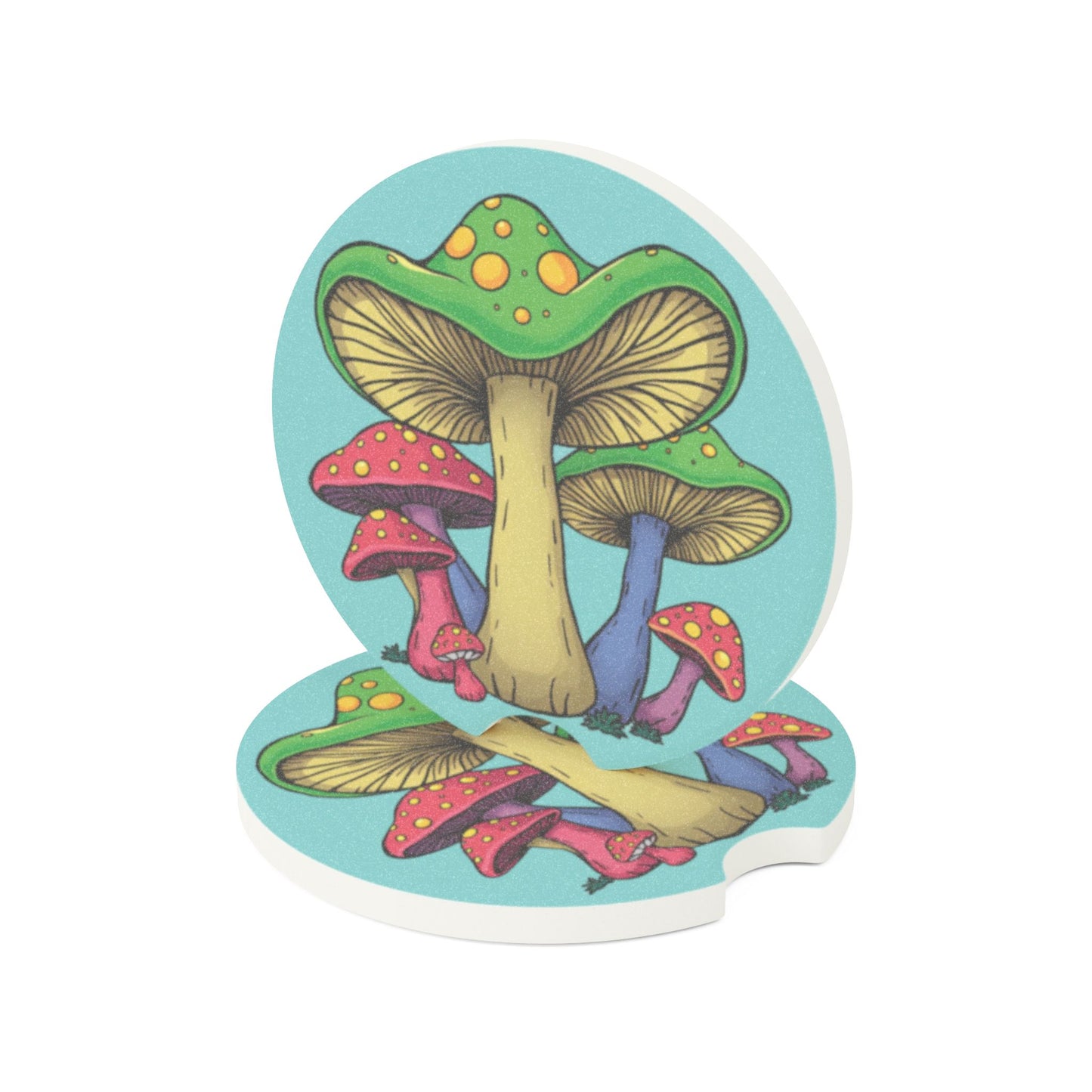 Mushroom Art Soapstone Car Coaster — Colorful Psychedelic Fungi Design