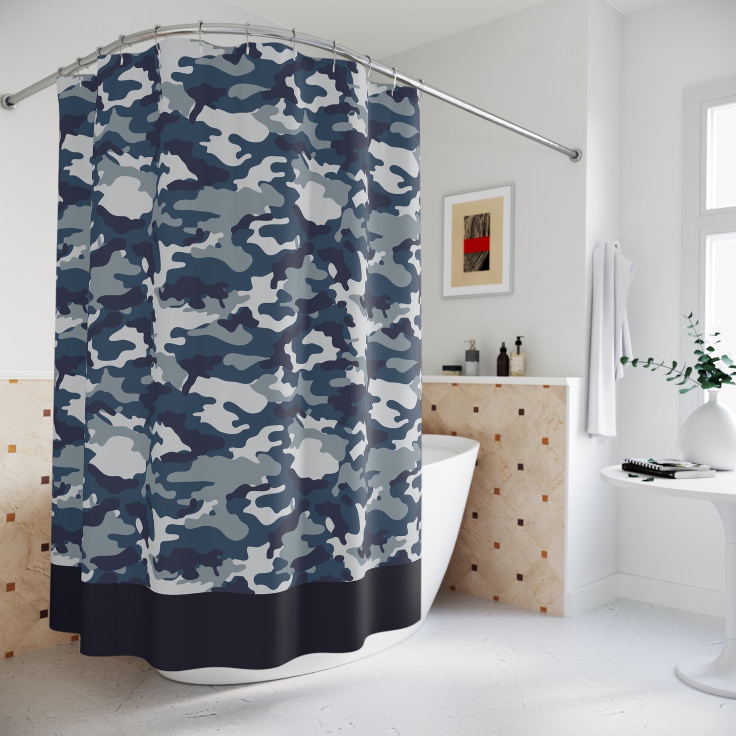 Blue Camo Shower Curtain-Dark Blue Border