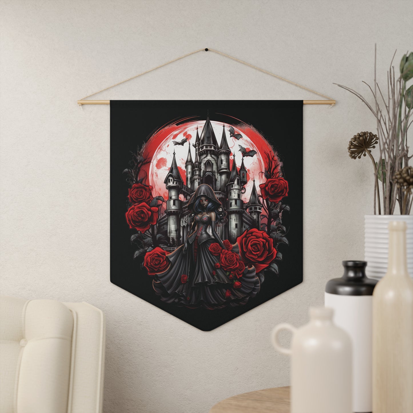 Gothic Castle Pennant — Dark Rose Wall Banner With Witchy Woman In Black
