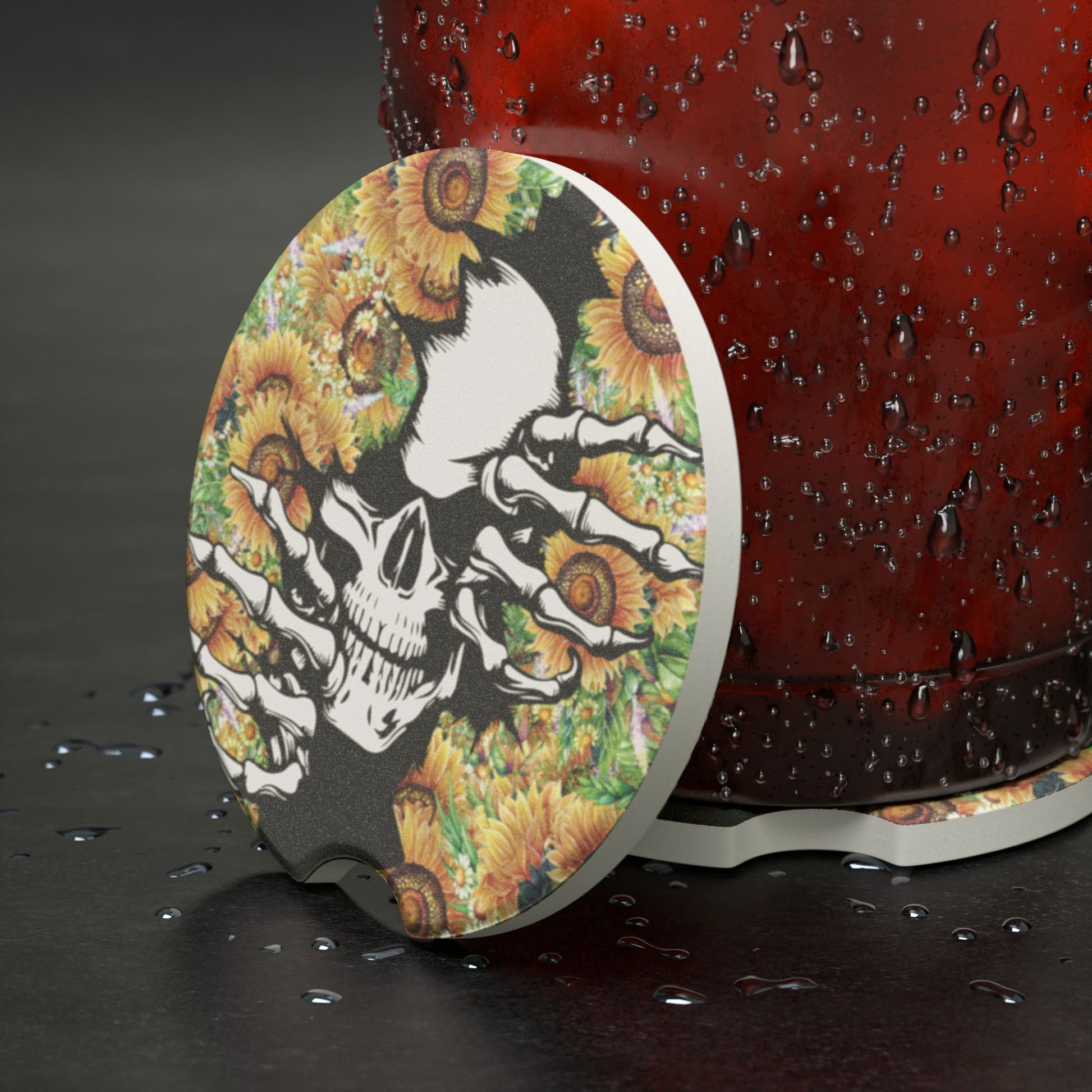 Skull & Sunflowers Soapstone Car Coaster