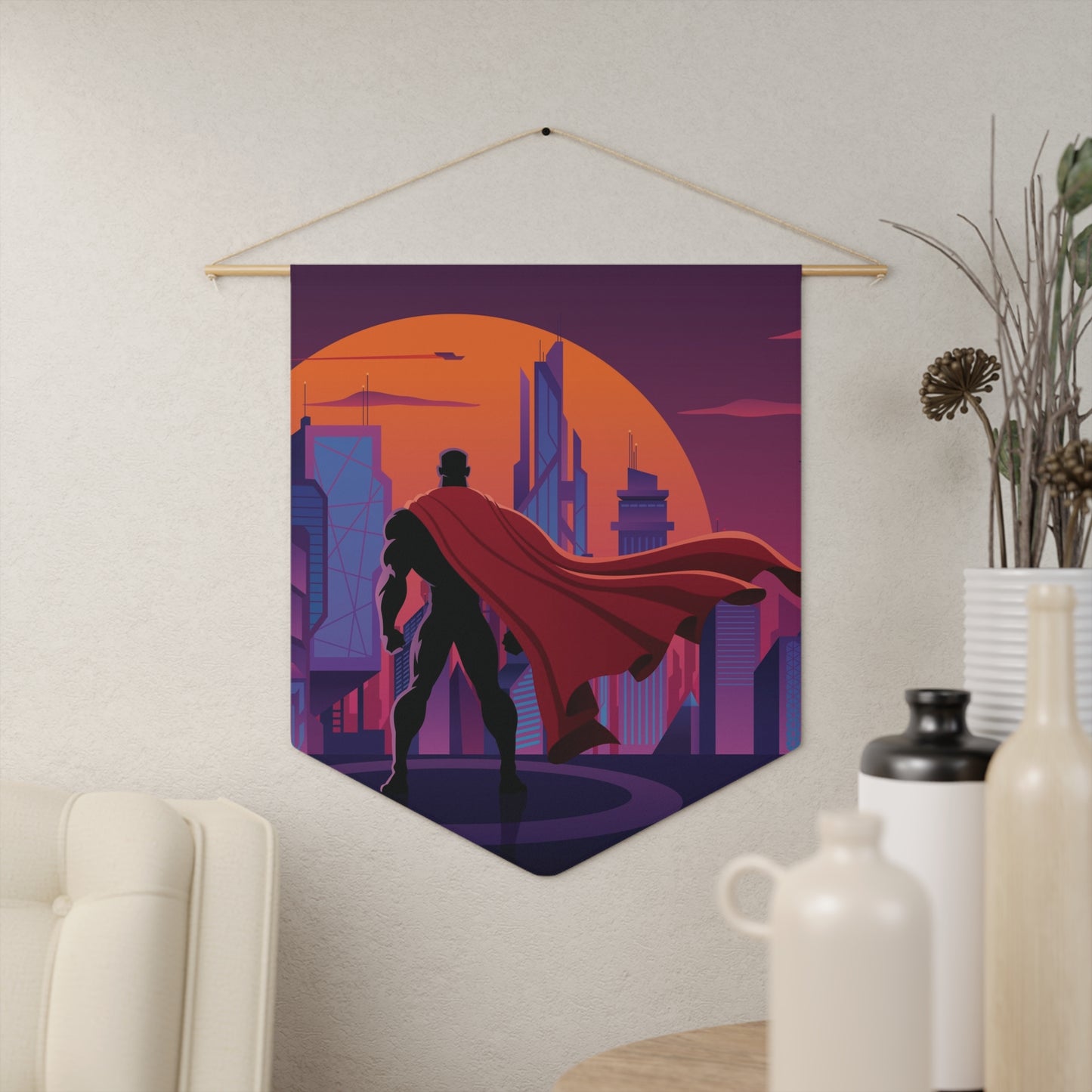 Superhero City Pennant — Sunset Superhero In A Cape Wall Banner