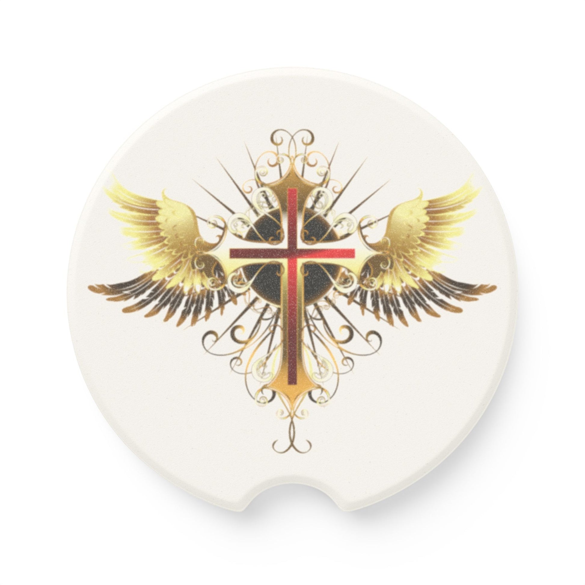 Winged Cross Soapstone Car Coaster – Christian Religious Religious Car Cup Holder Insert