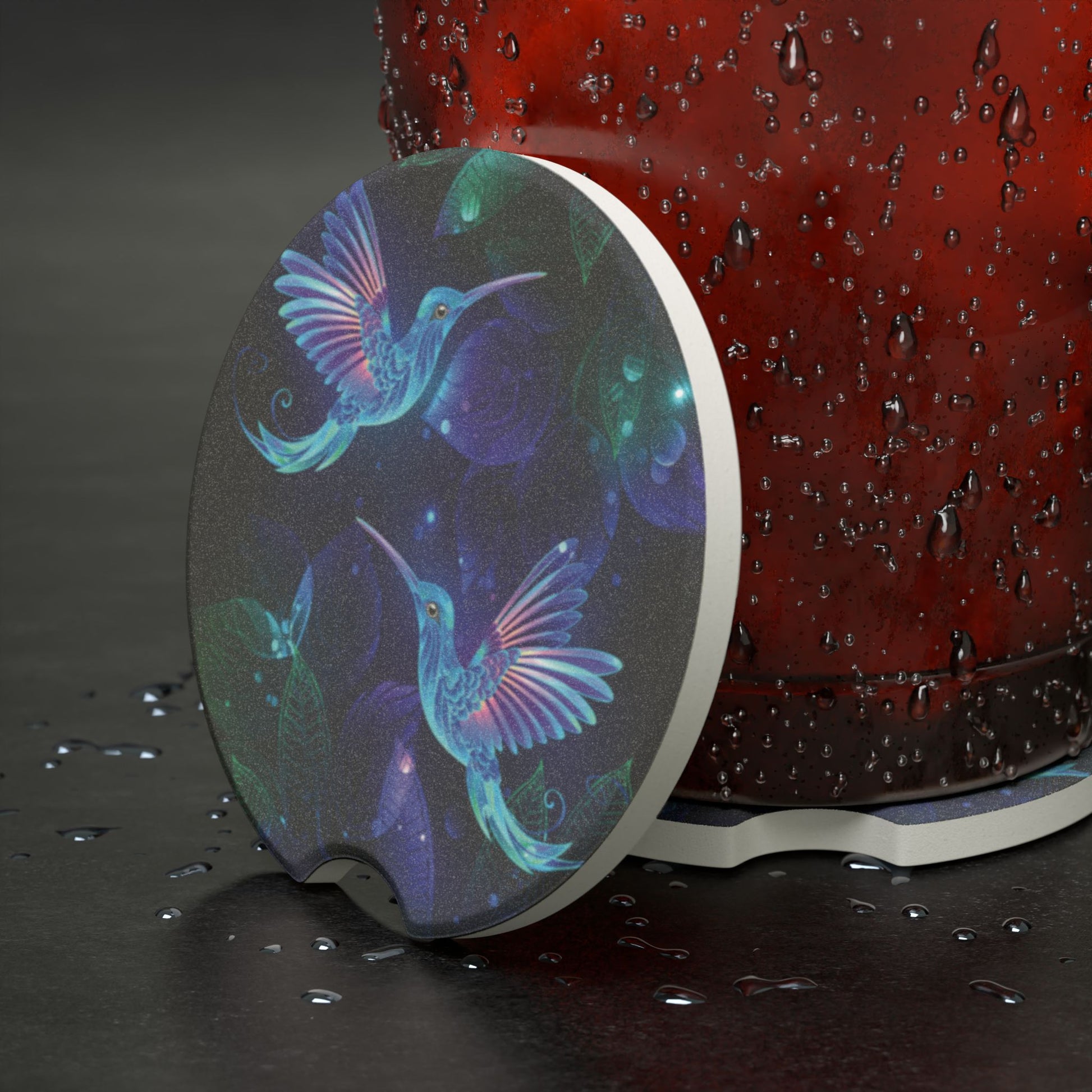 Hummingbird Galaxy Soapstone Car Coaster – Floral Night Sky Drink Holder Protector