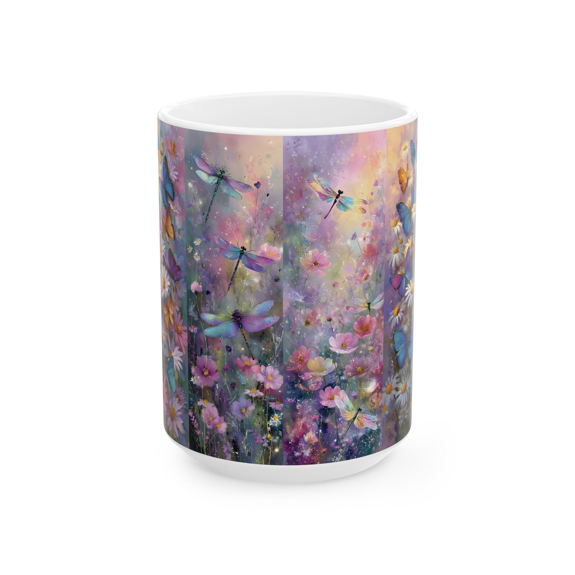 Floral Dragonfly And Butterfly Ceramic Mug — Colorful Dream Garden Coffee Cup (15oz)