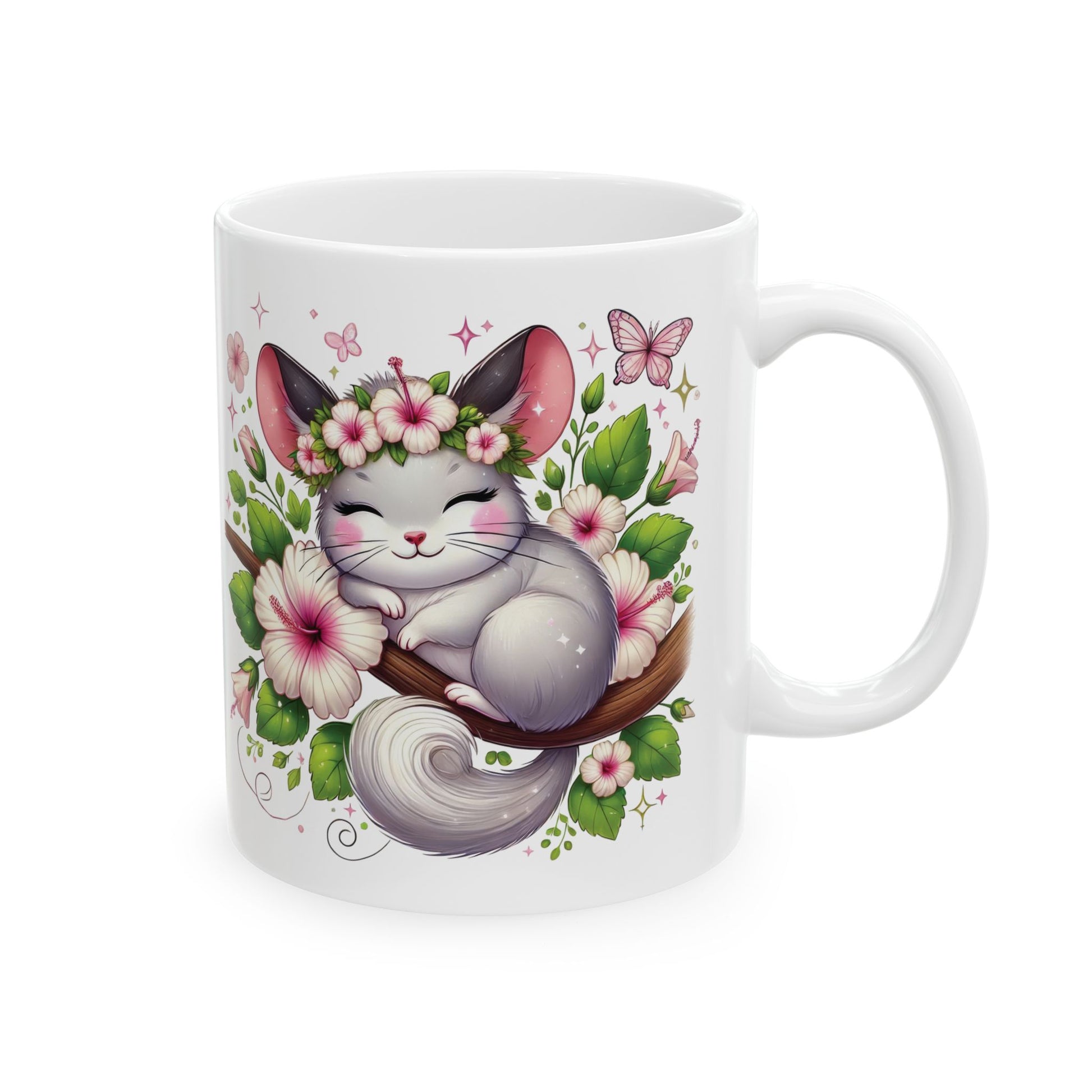 Floral Kitty And Chinchilla Ceramic Mug (11oz) — Spring Blooms And Sleepy Animals Coffee Cup