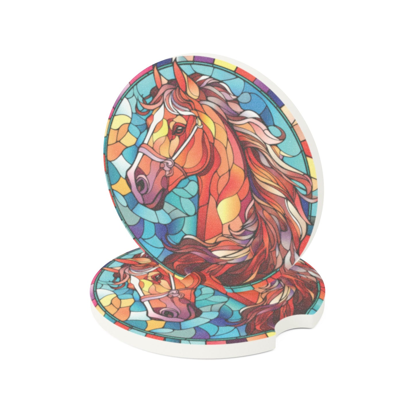 Stained Glass Horse Soapstone Car Coaster — Colorful Equestrian Drink Coaster
