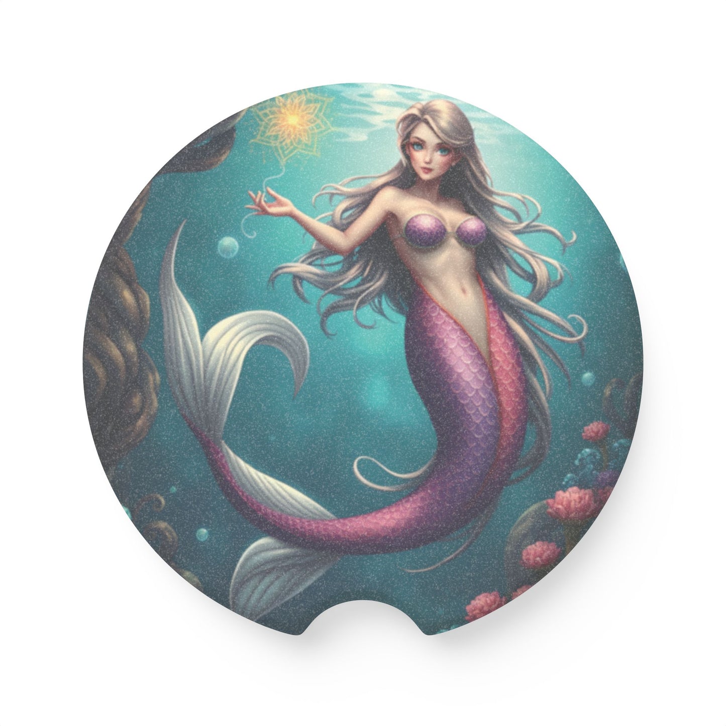 Mermaid Soapstone Car Coaster — Round Absorbent Cup Holder Insert