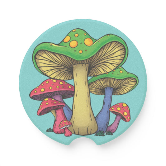 Mushroom Art Soapstone Car Coaster — Colorful Psychedelic Fungi Design