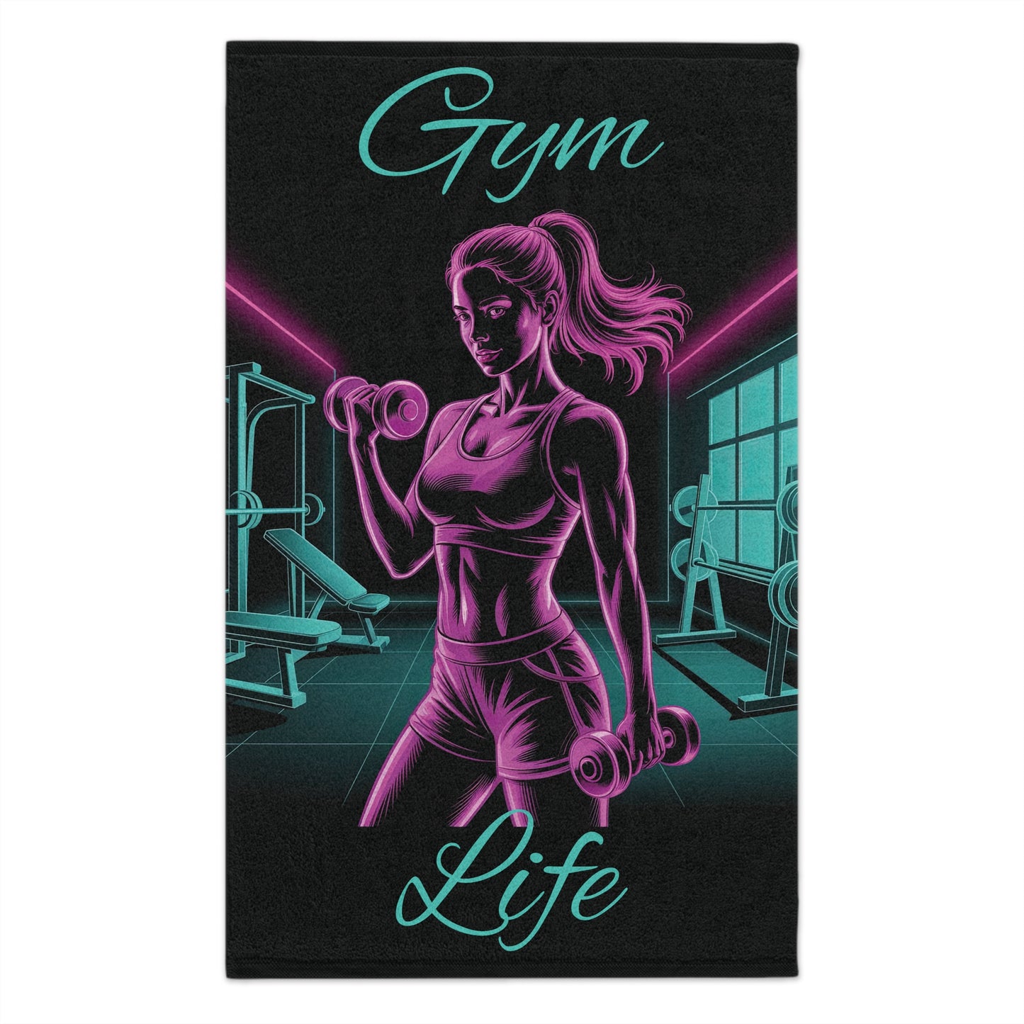 Gym Towel — Neon Woman Lifting Dumbbells 11x18