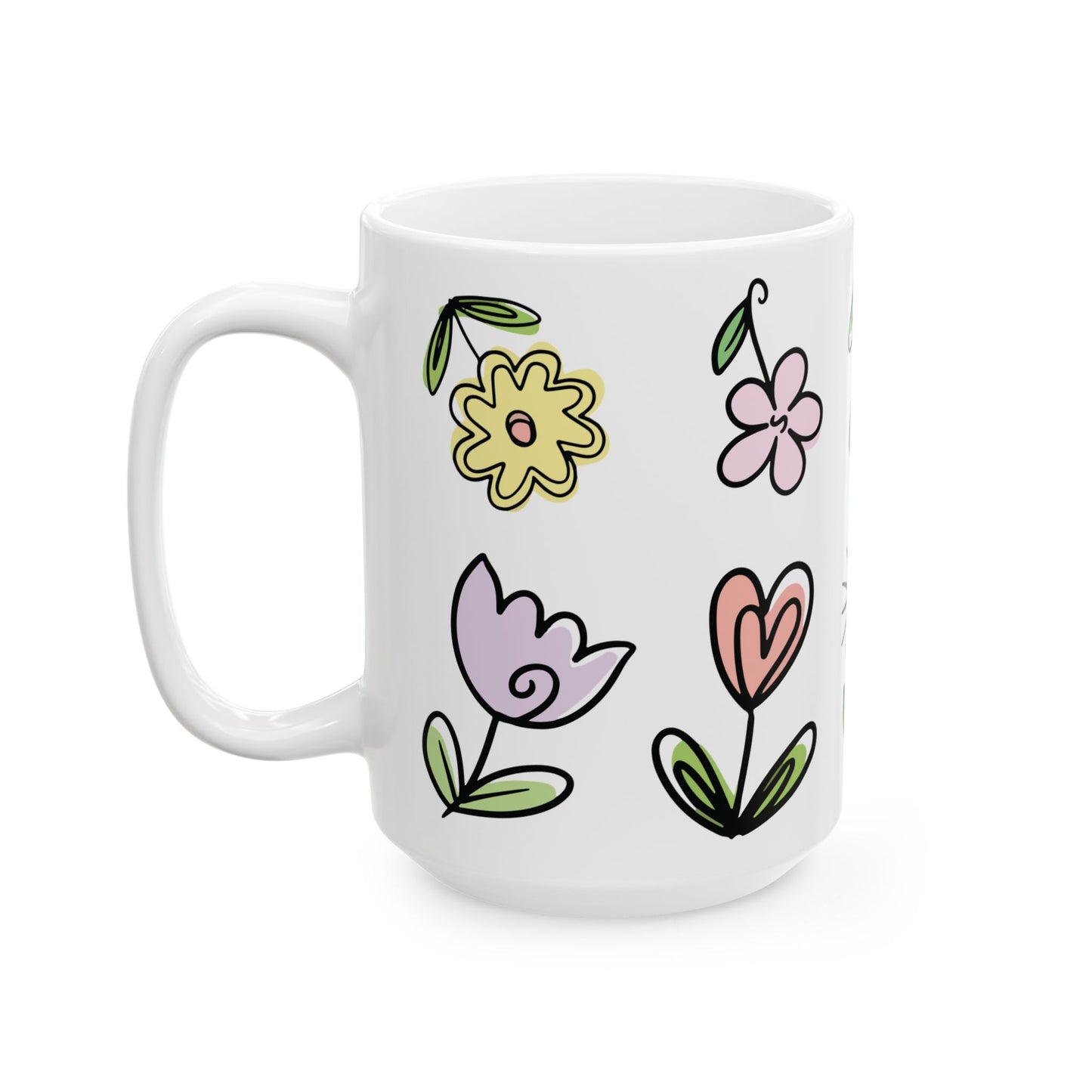 Floral Doodles Ceramic Mug — Pastel Hand-Drawn Flowers (15oz)