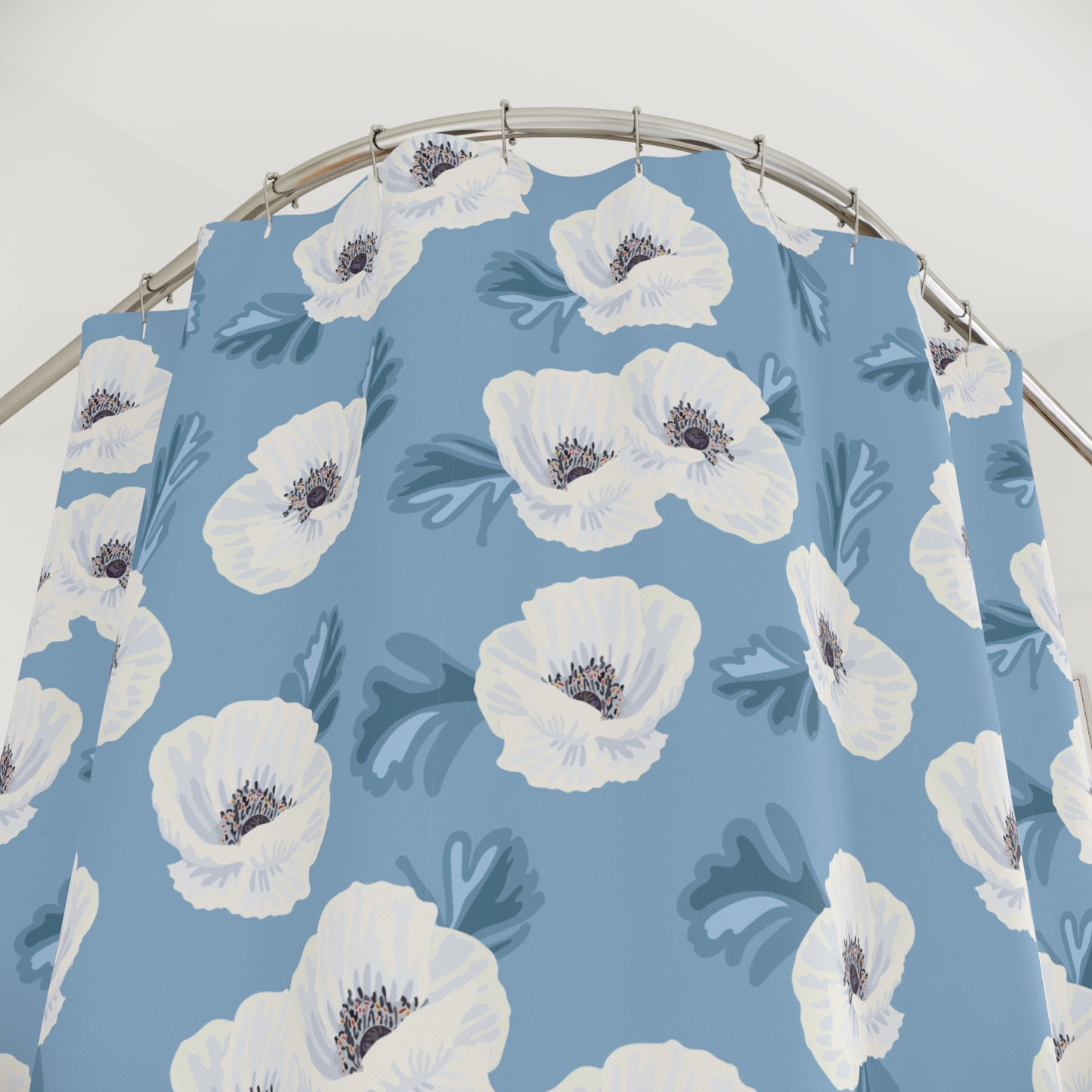 Blue Floral Shower Curtain — White Poppy Pattern Bathroom Decor