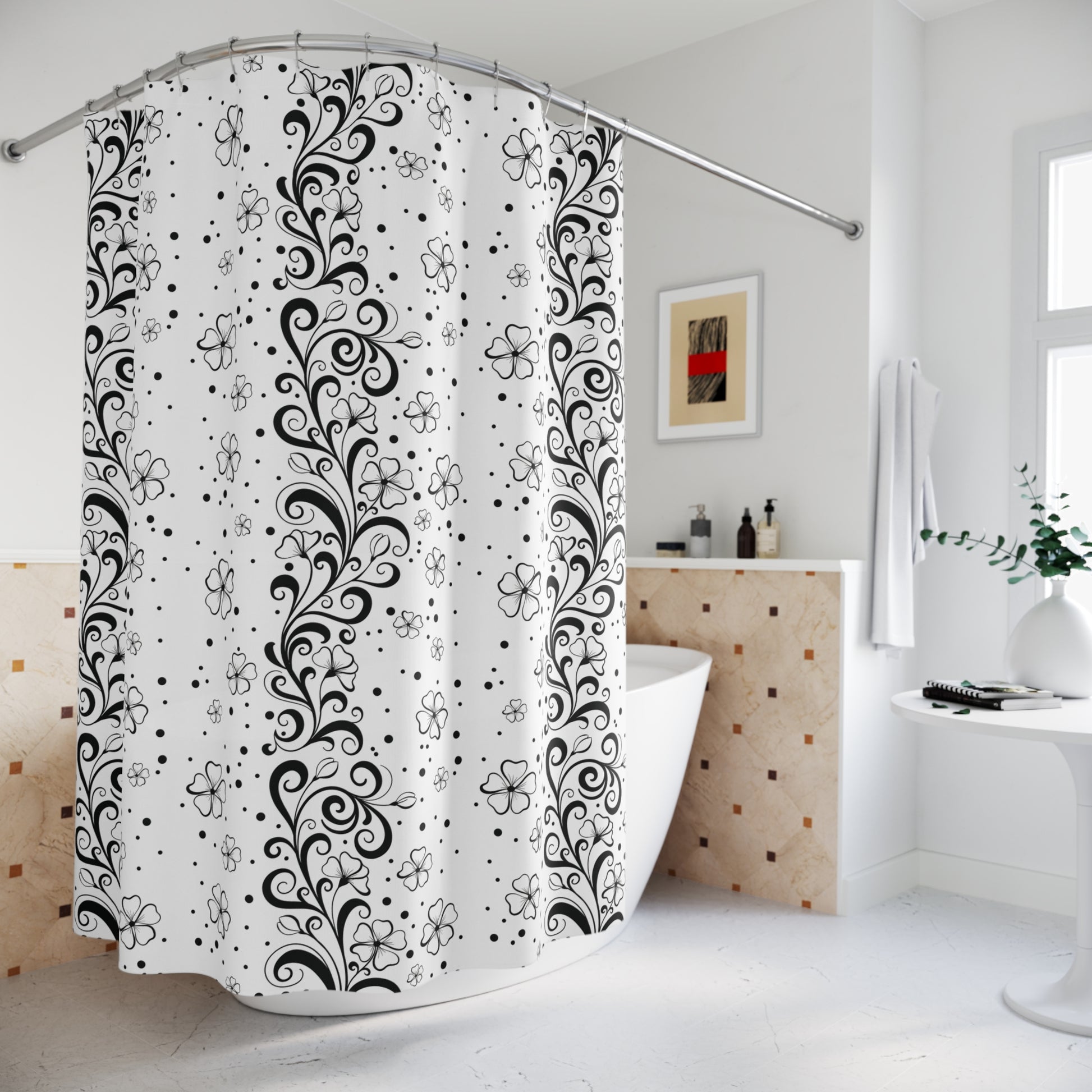 Floral Swirl Shower Curtain — Black & White Botanical Pattern