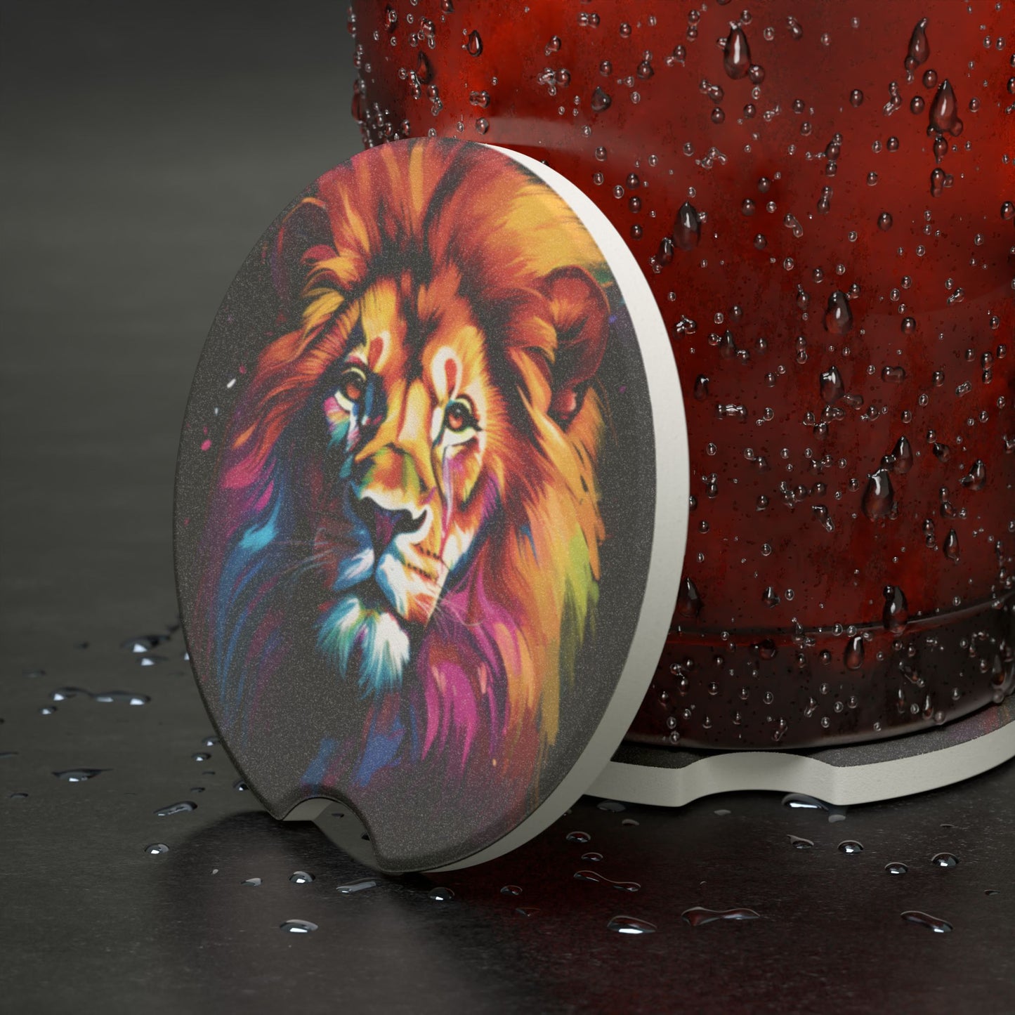 Lion Art Soapstone Car Coaster — Colorful Neon Lion Car Drink Holder Protector