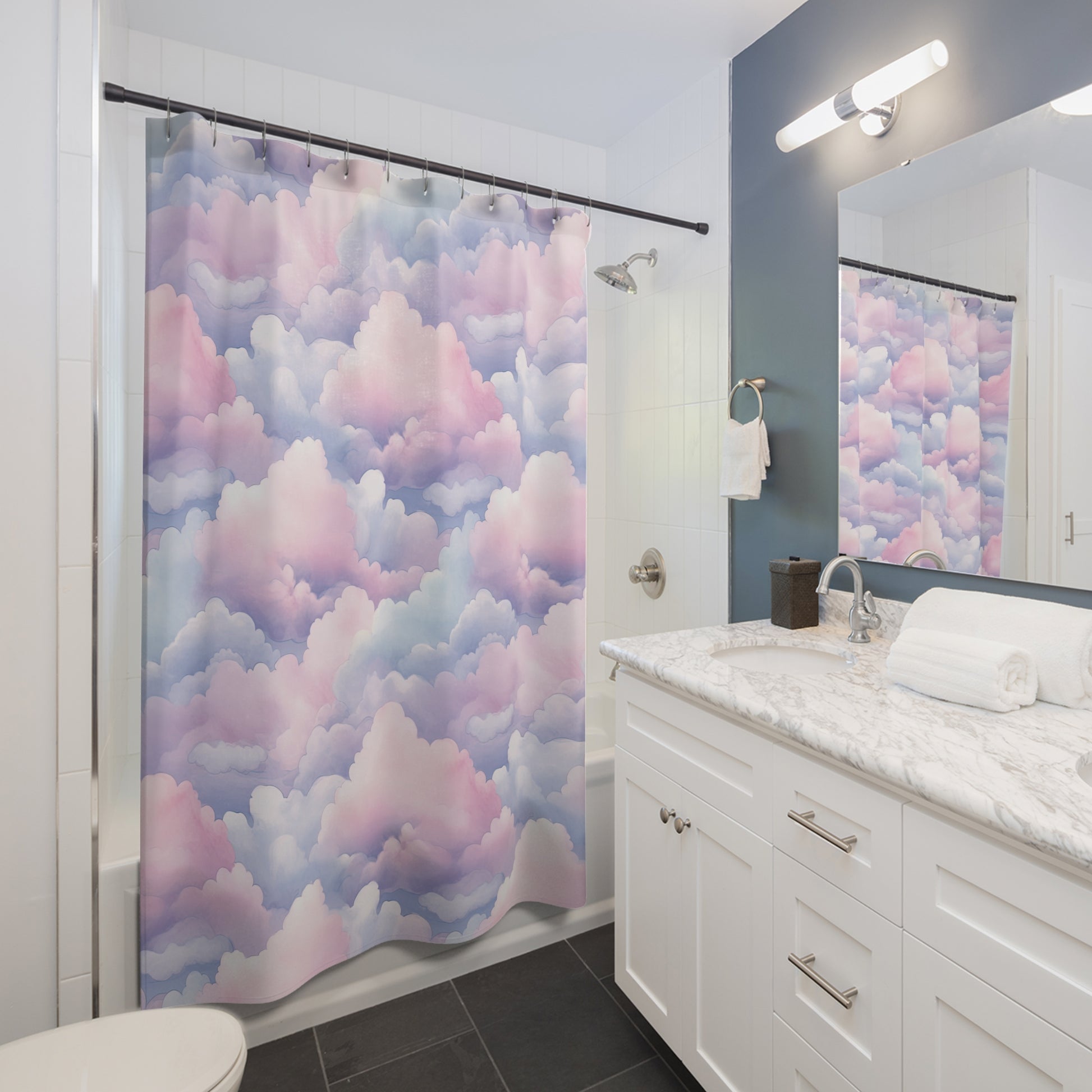 Pastel Cloud Shower Curtain — Dreamy Pink & Lavender Watercolor Bathroom Decor