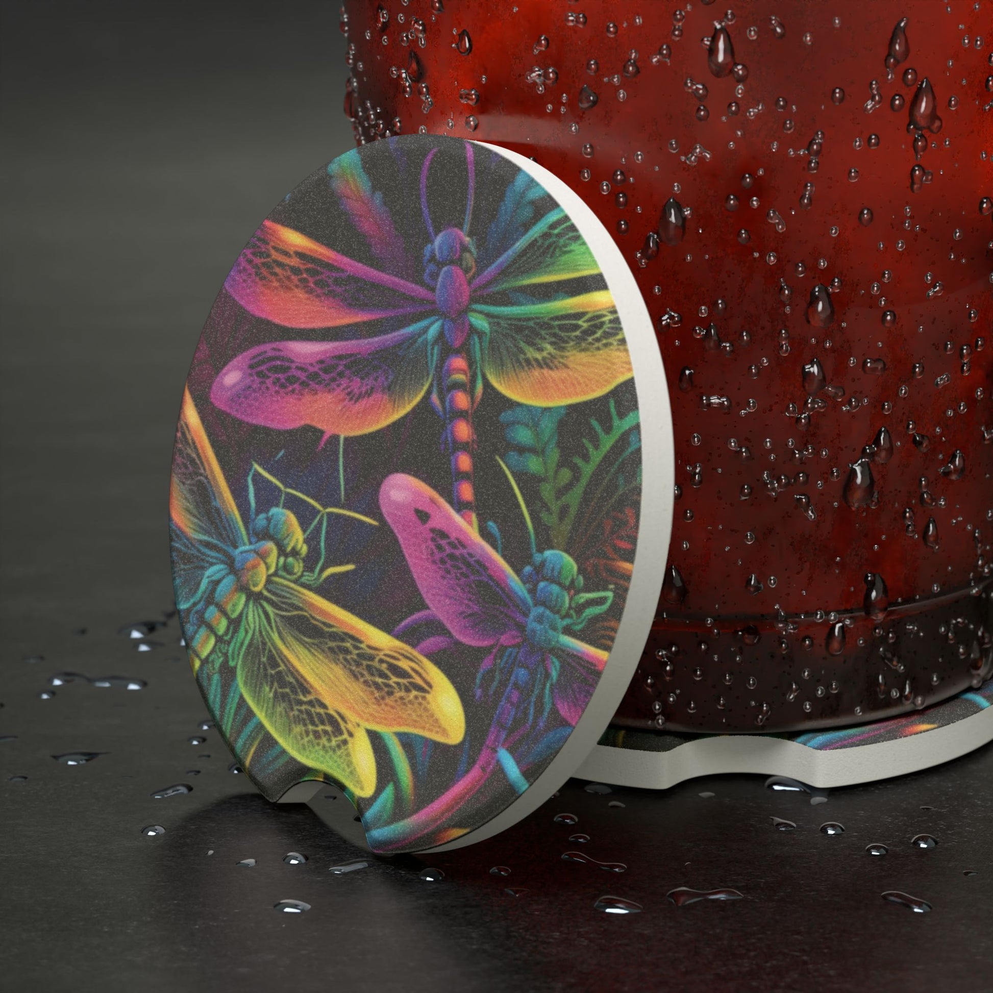Soapstone Car Coaster — Colorful Neon Dragonfly Cup Holder Insert