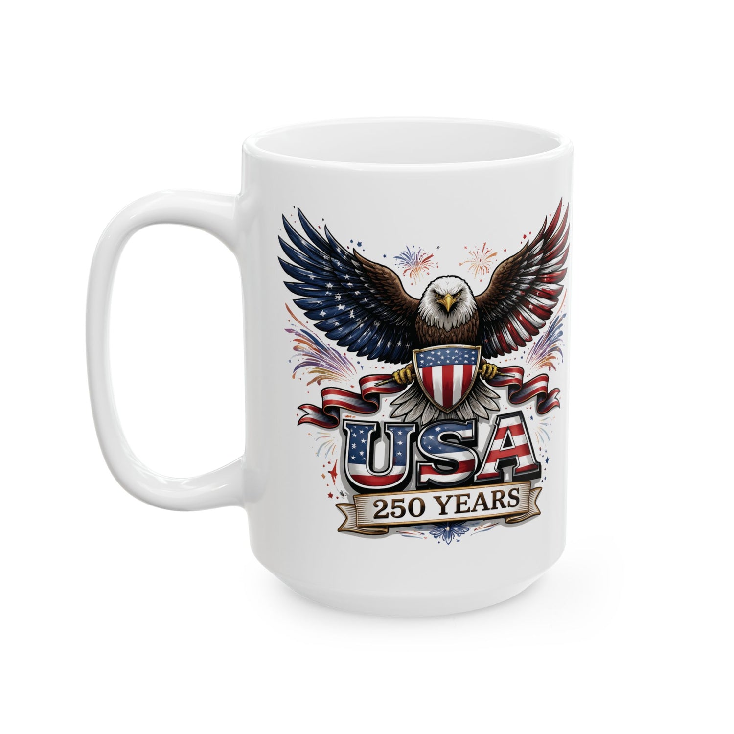 Patriotic Eagle Ceramic Mug - American Flag Wings 250 Years Coffee Cup (15oz)