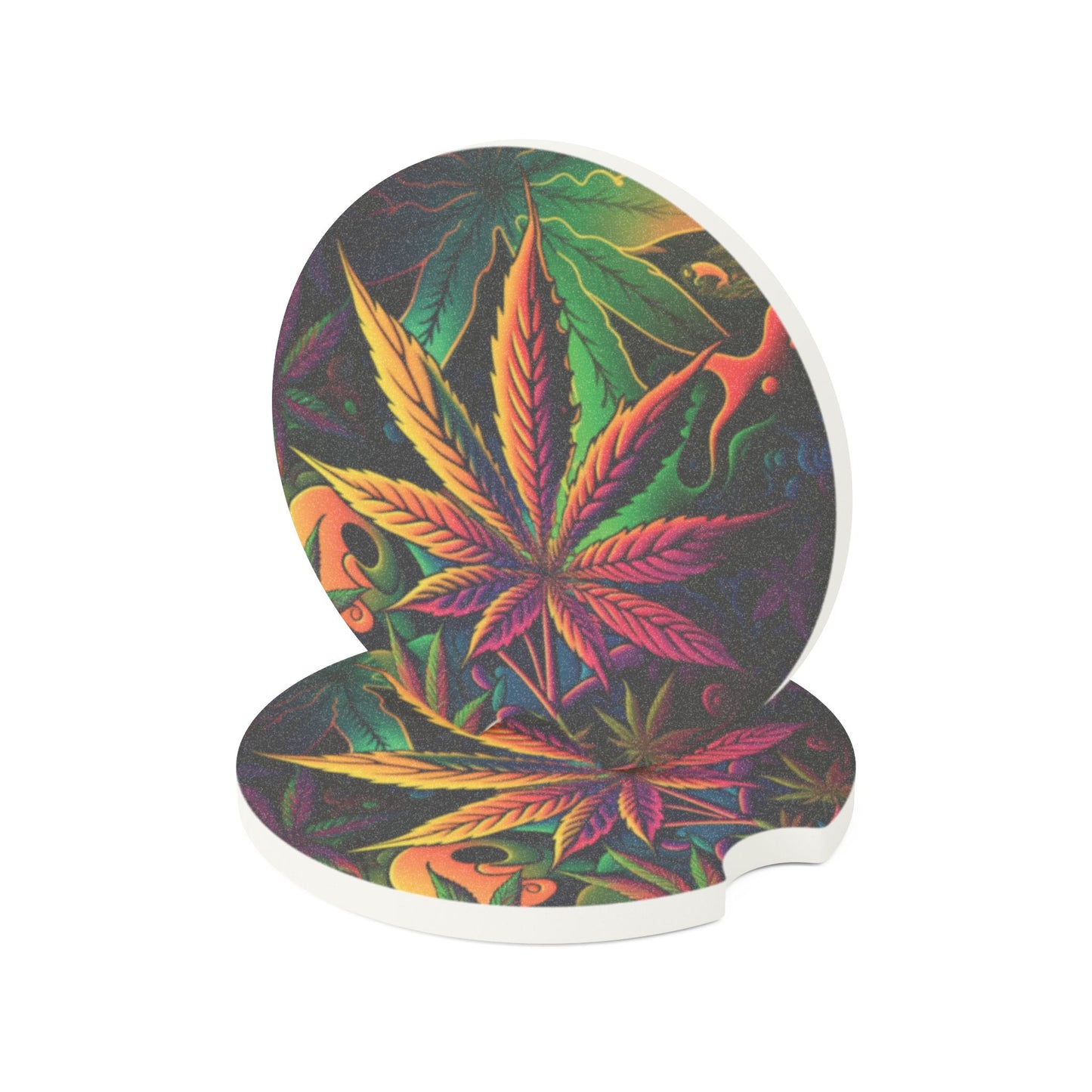 Psychedelic Cannabis Leaf Soapstone Car Coaster — Colorful Marijuana Travel Mug Insert